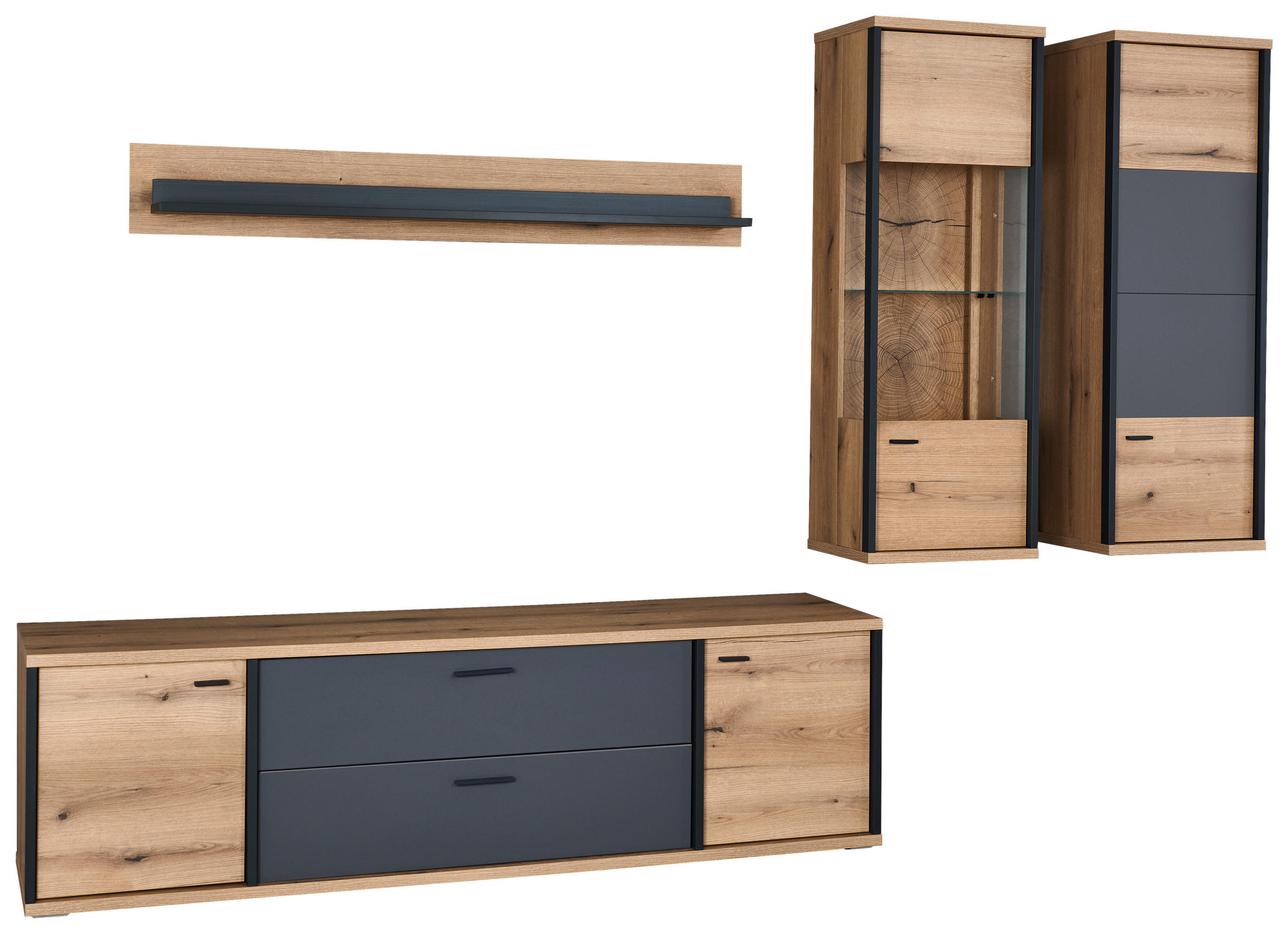 WOHNWAND  in Schwarz, Eichefarben, Dunkelgrau 314,6/208,5/50 cm  - Eichefarben/Dunkelgrau, Konventionell, Glas/Holzwerkstoff (314,6/208,5/50cm) - Xora