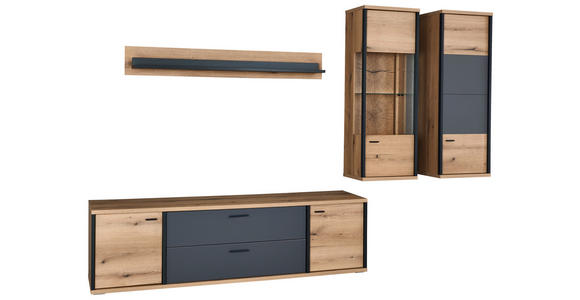WOHNWAND  in Schwarz, Eichefarben, Dunkelgrau  314,6/208,5/50 cm  - Eichefarben/Dunkelgrau, KONVENTIONELL, Glas/Holzwerkstoff (314,6/208,5/50cm) - Xora