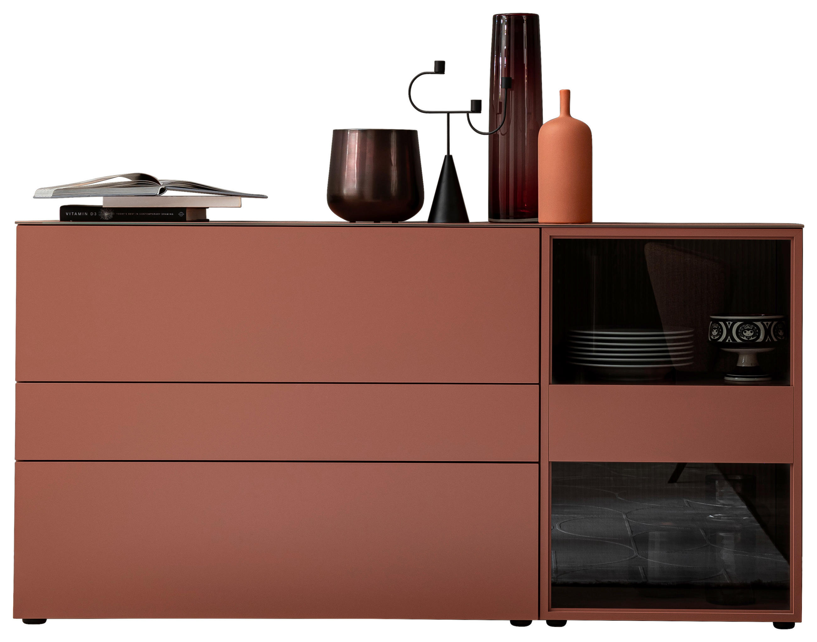 SIDEBOARD Rot, Eichefarben  180/92,4/45 cm  - Eichefarben/Rot, Design, Glas/Holz (180/92,4/45cm) - Schöner Wohnen