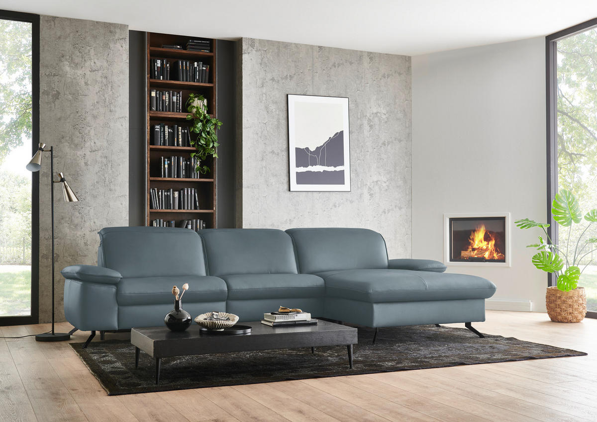 ECKSOFA  Echtleder Blaugrau  - Blaugrau/Schwarz, Design, Leder/Metall (307/169cm) - Beldomo Premium