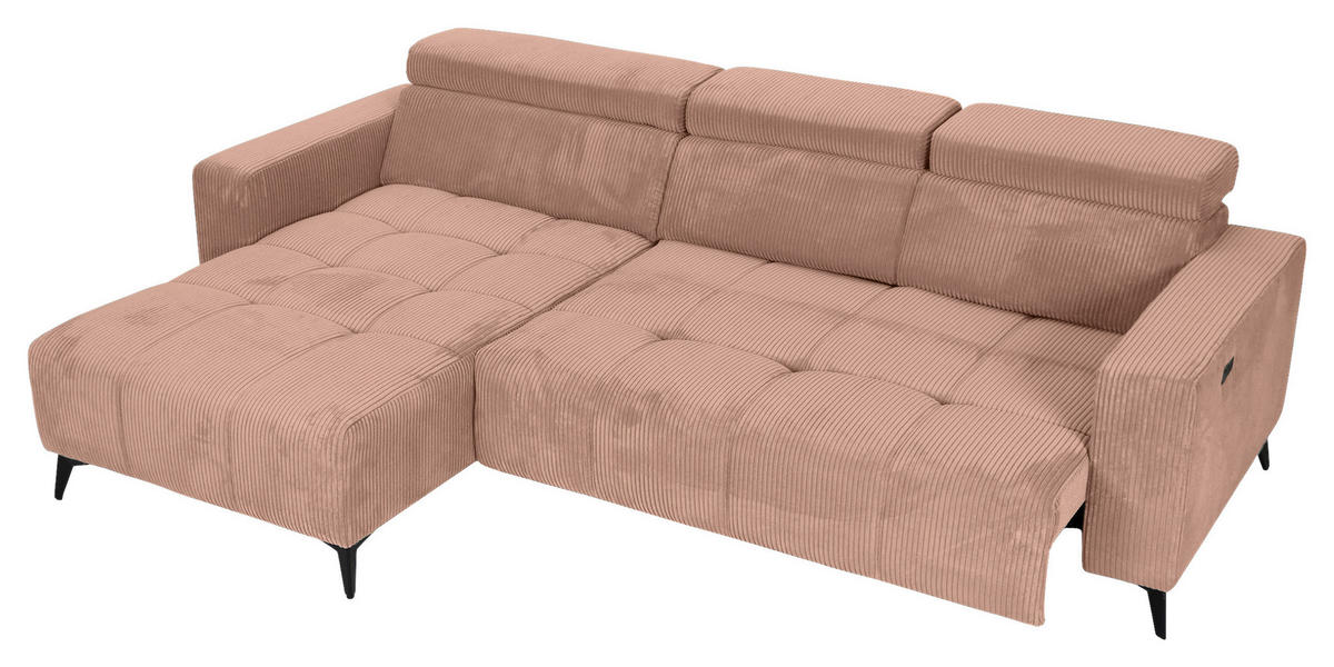 ECKSOFA Altrosa Cord Rücken echt, Kopfteilverstellung, Sitzvorzug  - Schwarz/Altrosa, KONVENTIONELL, Textil/Metall (170/257cm) - Carryhome