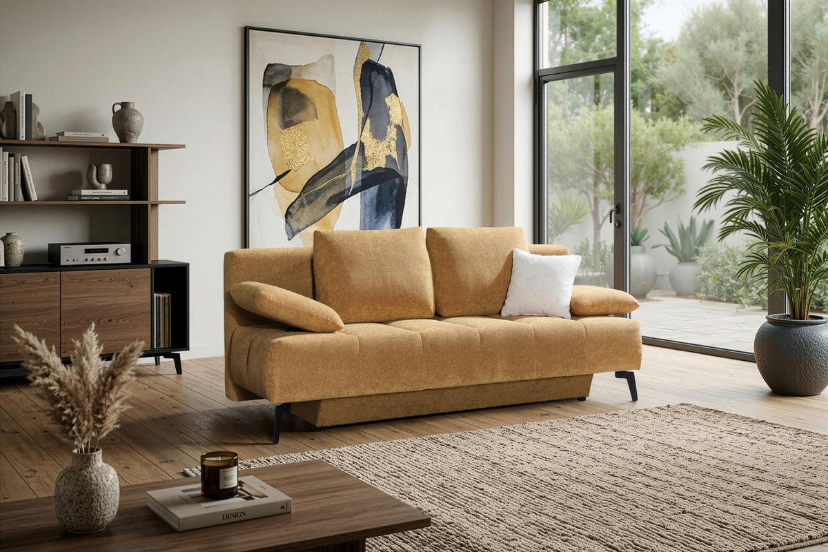 SCHLAFSOFA Flachgewebe Honig  inkl. Bettkasten, Schlaffunktion, Armteilverstellung  - Schwarz/Honig, Design, Textil/Metall (235/90/100cm) - Novel