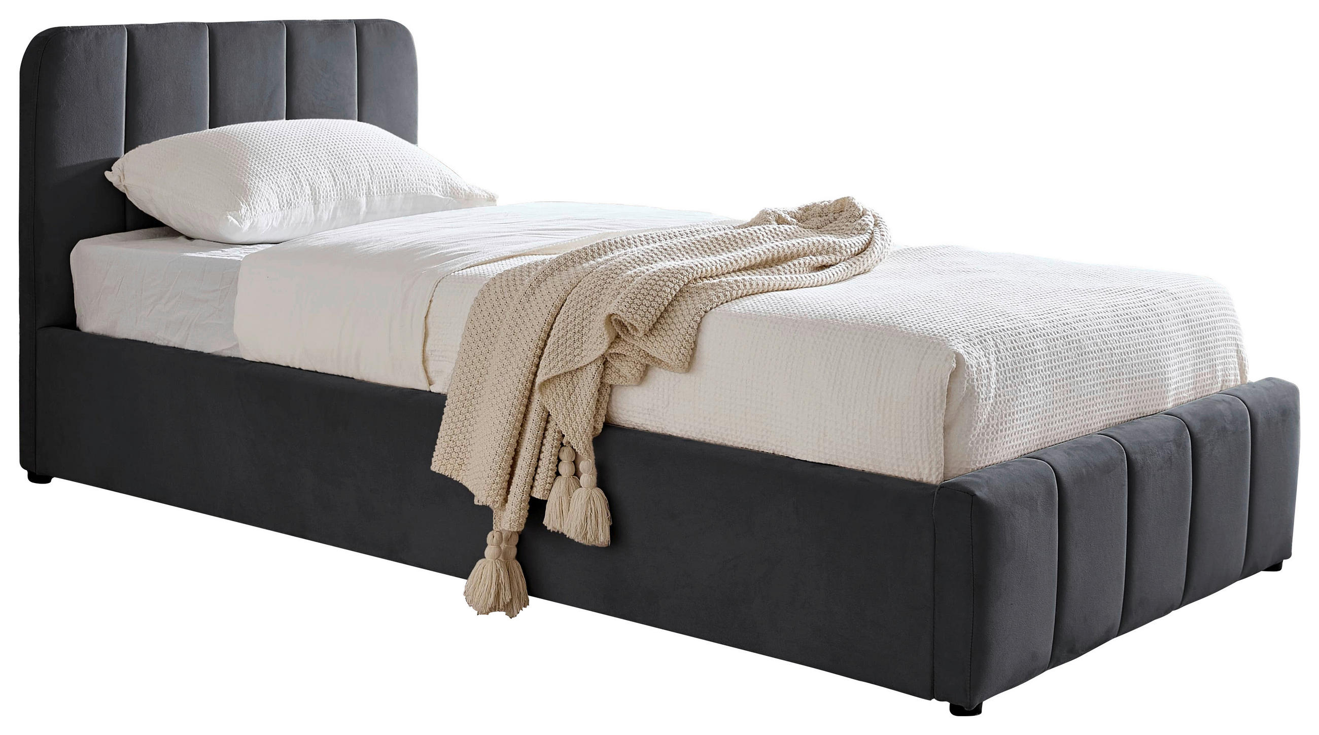 POLSTERBETT 90/200 cm,  in Grau, gepolstertes Kopfteil, Lattenrost, Bettkasten,  - Schwarz/Naturfarben, Design, Holz/Kunststoff (90/200cm) - Boxxx