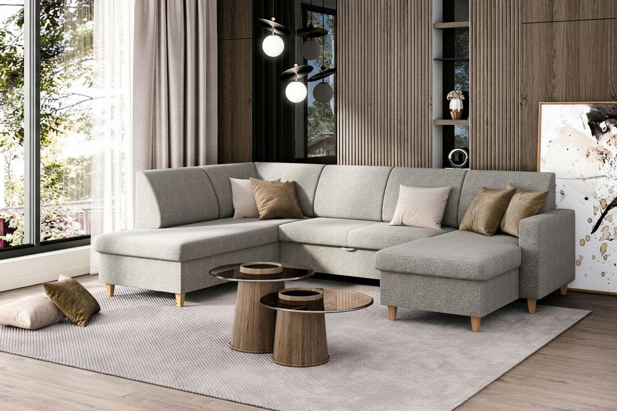 WOHNLANDSCHAFT NIKAS in Bouclé Grau  - Buchefarben/Grau, Design, Holz/Holzwerkstoff (310/198/145cm) - MID.YOU