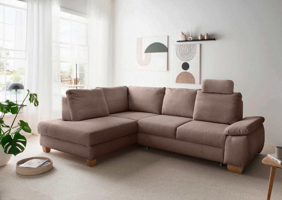 ECKSCHLAFSOFA  mit Liegefunktion, Rücken echt, Armteil rechts Cord Graubraun  - Wildeiche/Graubraun, MODERN, Holz/Textil (206/261cm) - Livetastic
