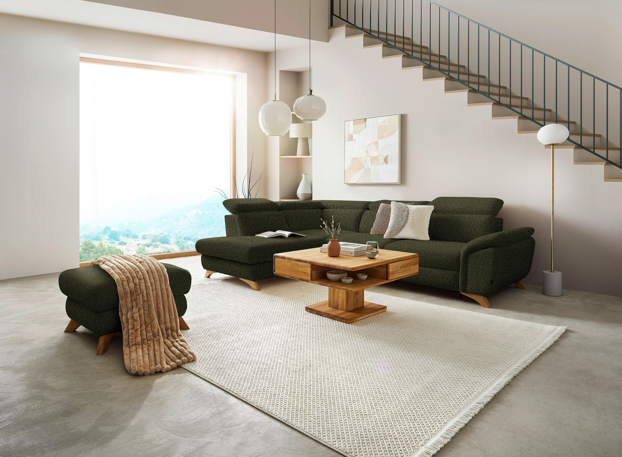 ECKSOFA MERCURY Olivgrün Chenille  - Eichefarben/Olivgrün, MODERN, Holz/Textil (212/287cm) - Valnatura