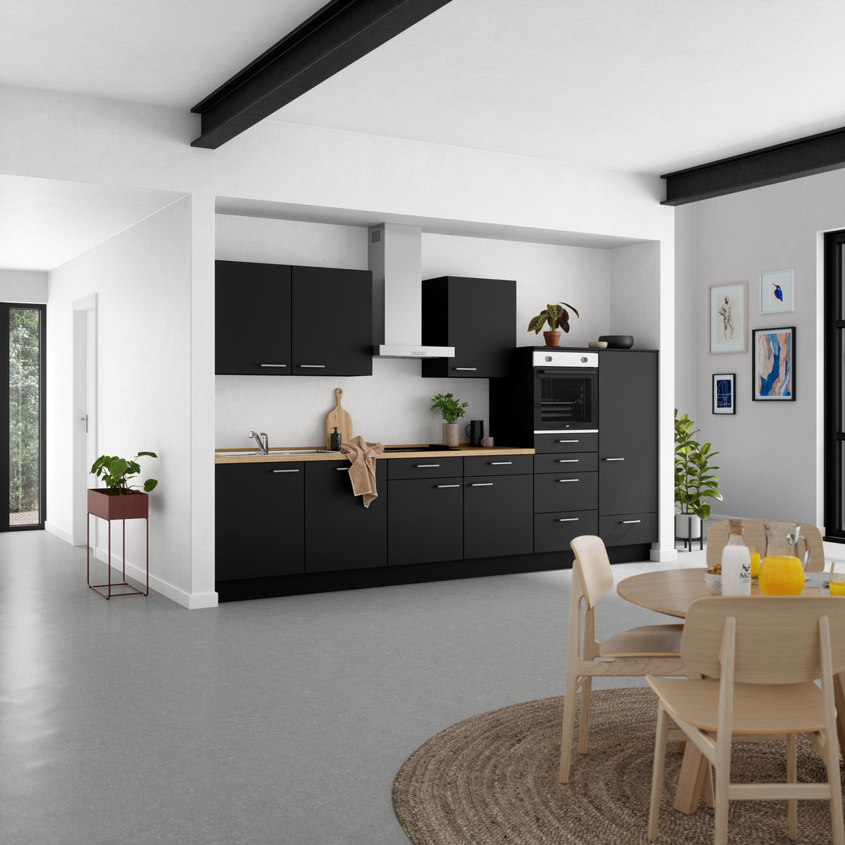KÜCHENBLOCK 360 cm   in Schwarz, Eichefarben  - Edelstahlfarben/Eichefarben, MODERN, Holzwerkstoff/Metall (360cm) - Nobilia