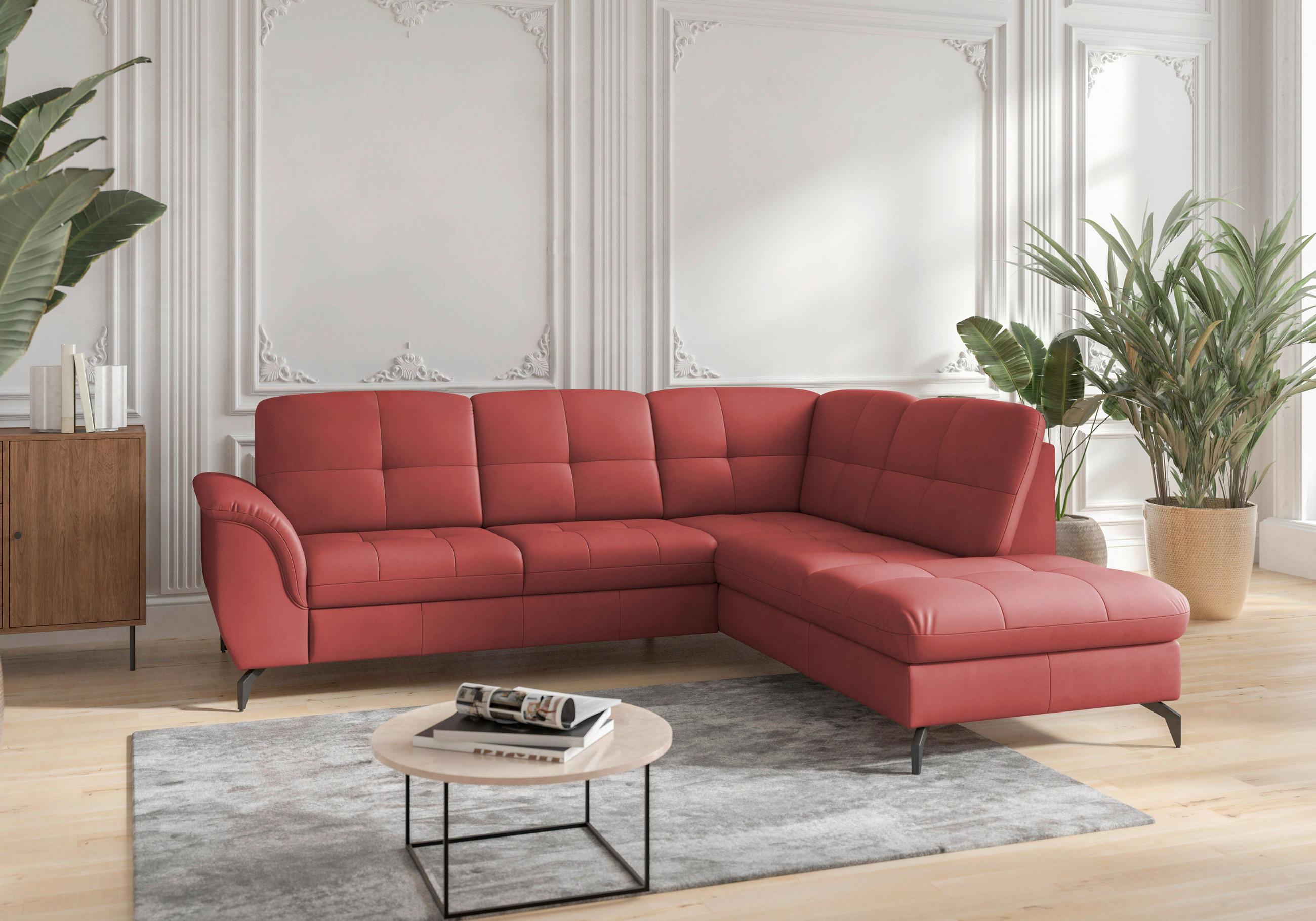 ECKSOFA in Echtleder Rot  244/212 cm  - Rot/Schwarz, MODERN, Leder/Metall (244/212cm) - Sit & More