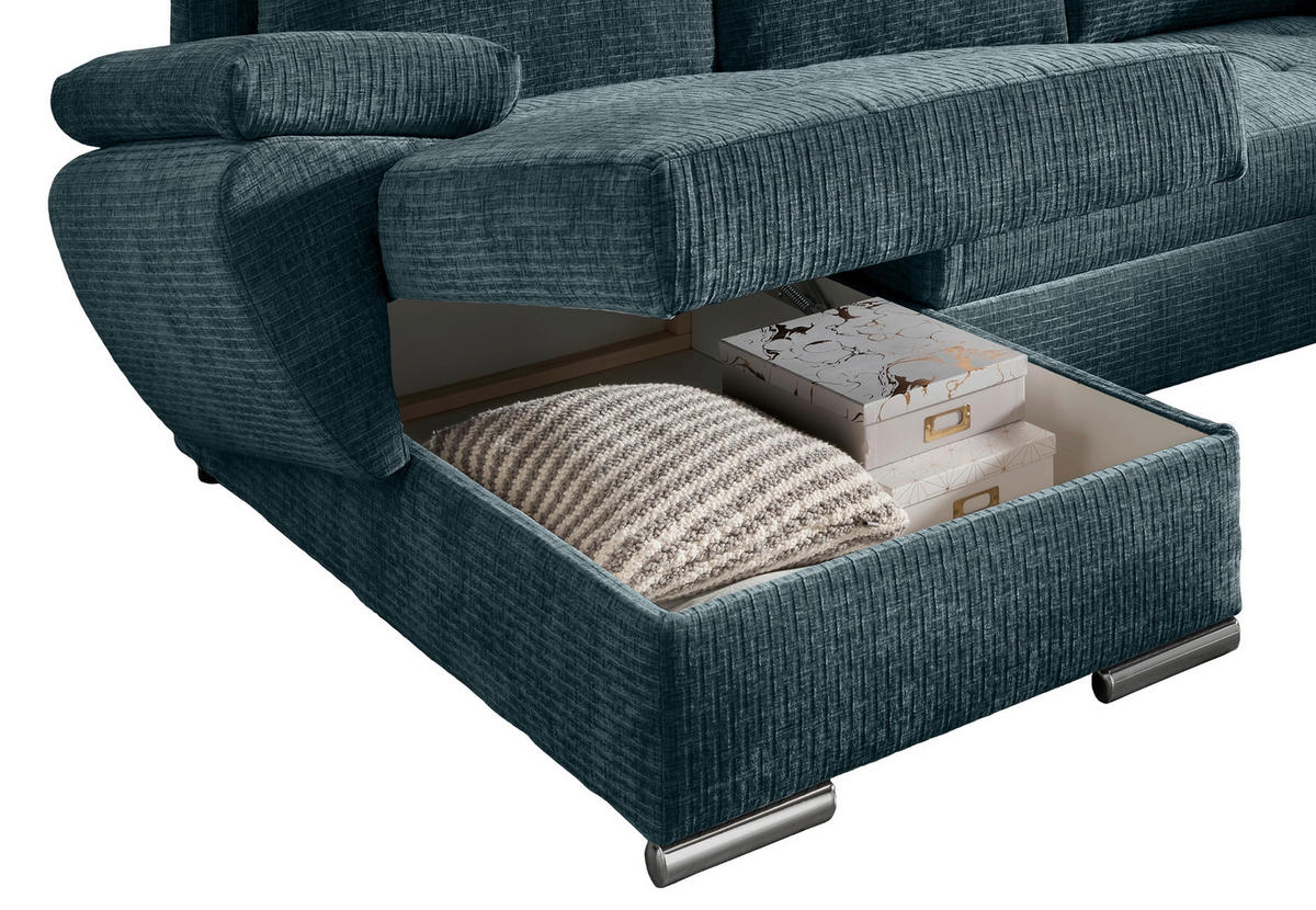WOHNLANDSCHAFT in Mikrofaser Blau  - Chromfarben/Blau, KONVENTIONELL, Textil/Metall (157/305/219cm) - Livetastic