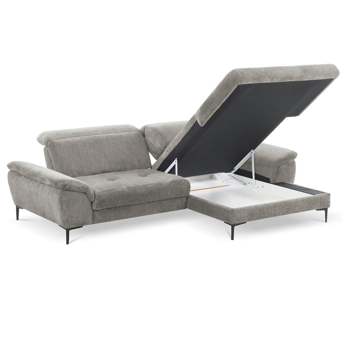 ECKSOFA PRADO Greige Webstoff Bettkasten, Kopfteilverstellung, Sitztiefenverstellung  - Greige/Schwarz, Design, Textil/Metall (268/195cm) - Livetastic