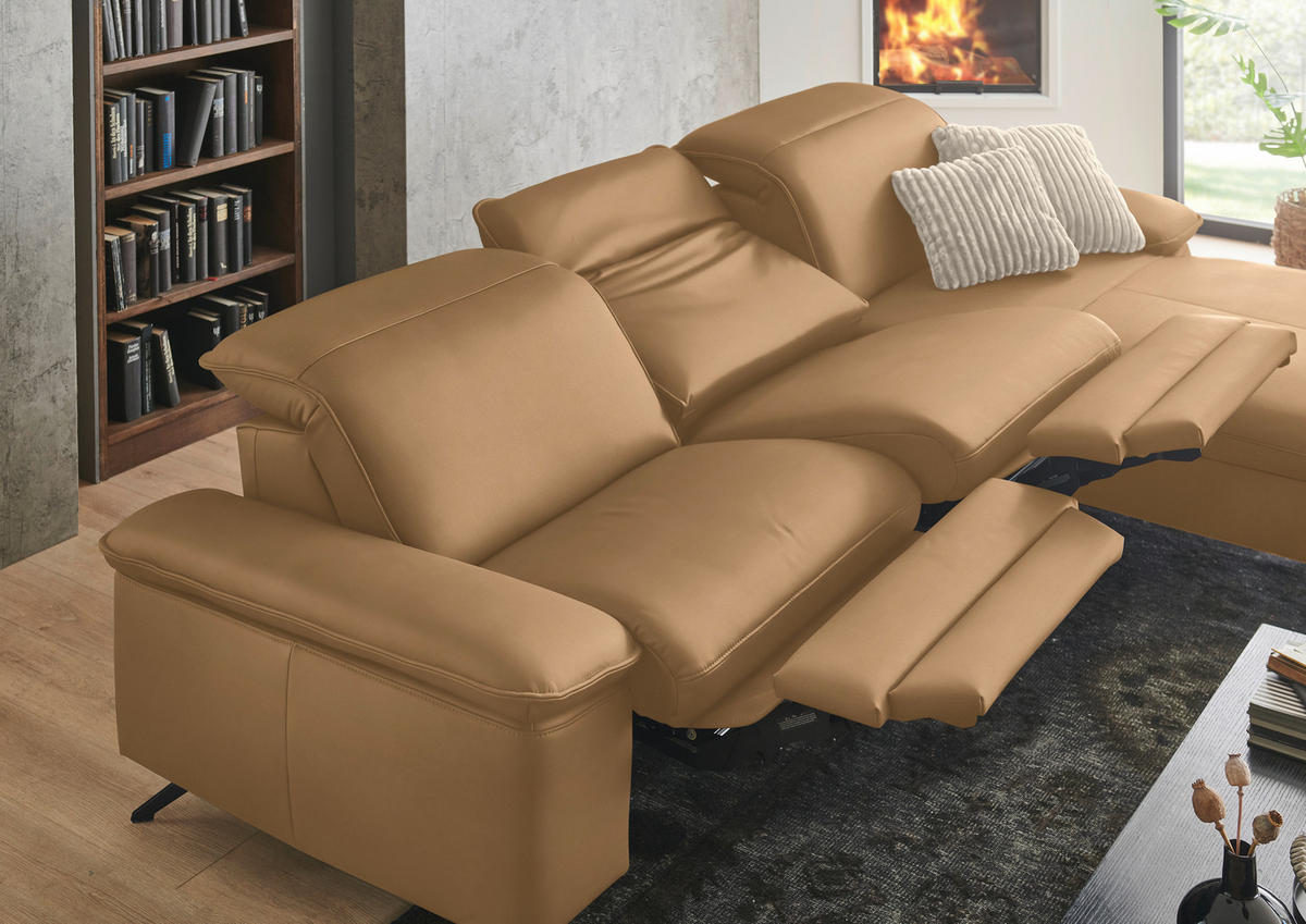 ECKSOFA  Echtleder Honig  - Schwarz/Honig, Design, Leder/Metall (307/169cm) - Beldomo Premium
