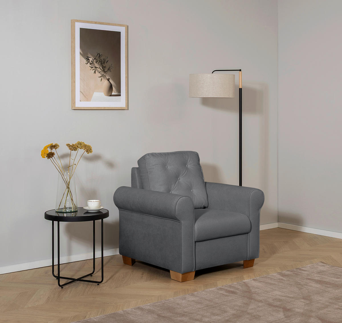 SESSEL in Dunkelgrau  - Dunkelgrau/Buchefarben, Design, Holz/Textil (93/89/82cm) - MID.YOU