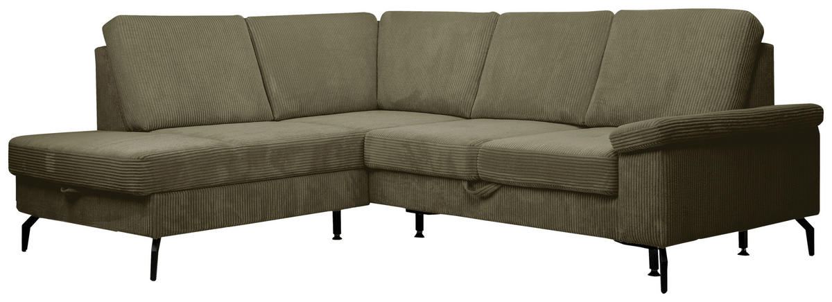 ECKSOFA Olivgrün Velours Bettkasten, Sitzvorzug  - Schwarz/Olivgrün, KONVENTIONELL, Textil/Metall (206/253cm) - Venda