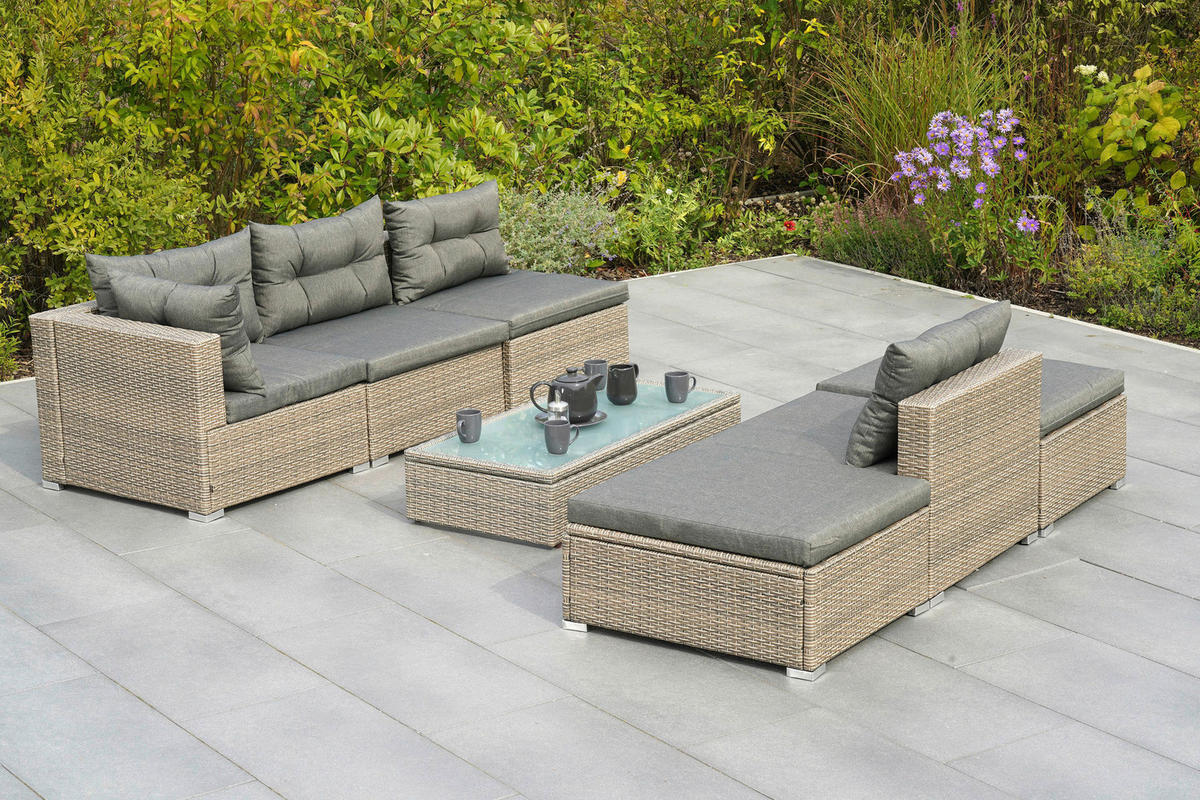 LOUNGEGARNITUR 7-teilig   Stahl  - Naturfarben/Grau, MODERN, Glas/Kunststoff - Gardenson