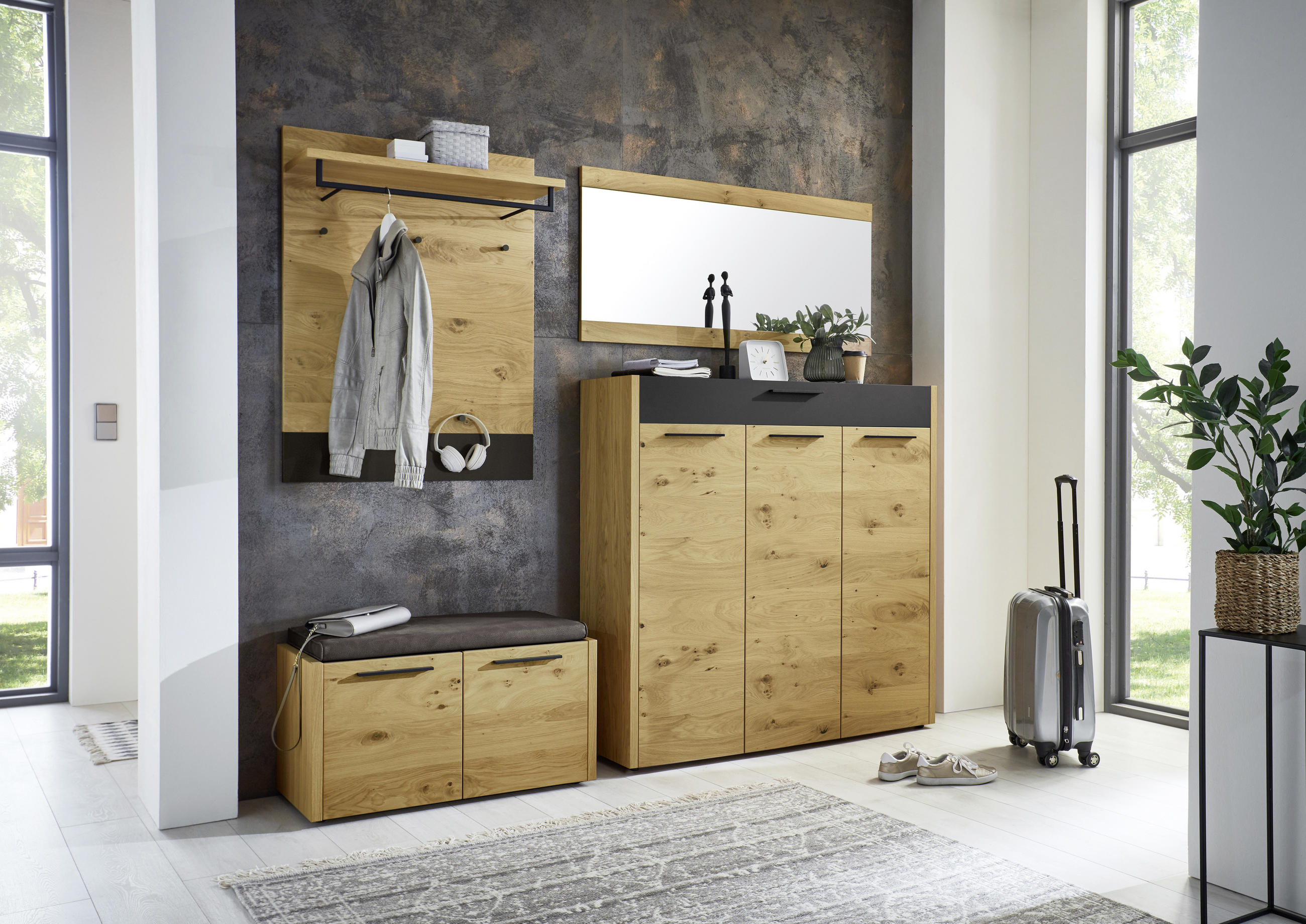 GARDEROBE Anthrazit, Schwarz, Eichefarben - Eichefarben/Anthrazit, Design, Glas/Holz (225/195/41cm)