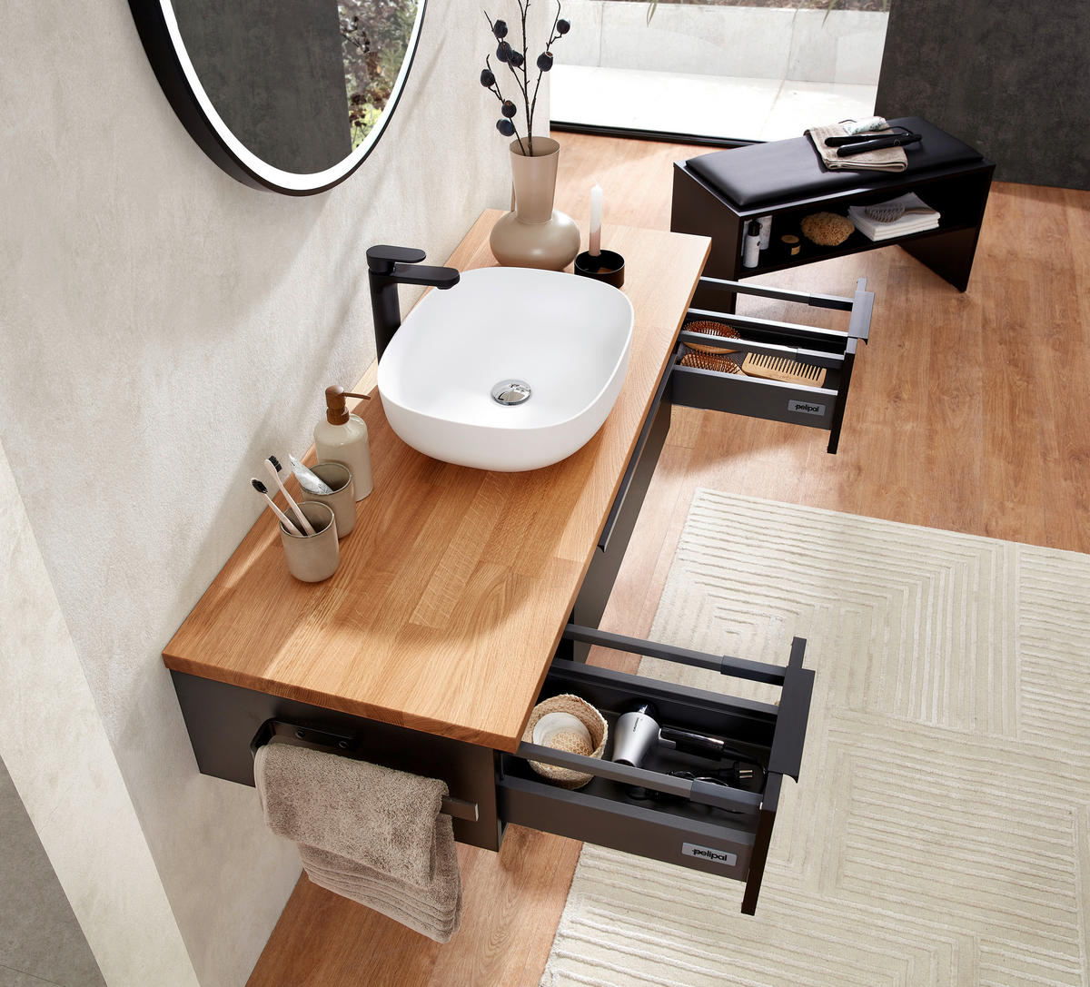 BADEZIMMER 3-teilig  in 137 cm  - Eichefarben/Schwarz, LIFESTYLE, Holzwerkstoff/Stein (137cm) - Sadena