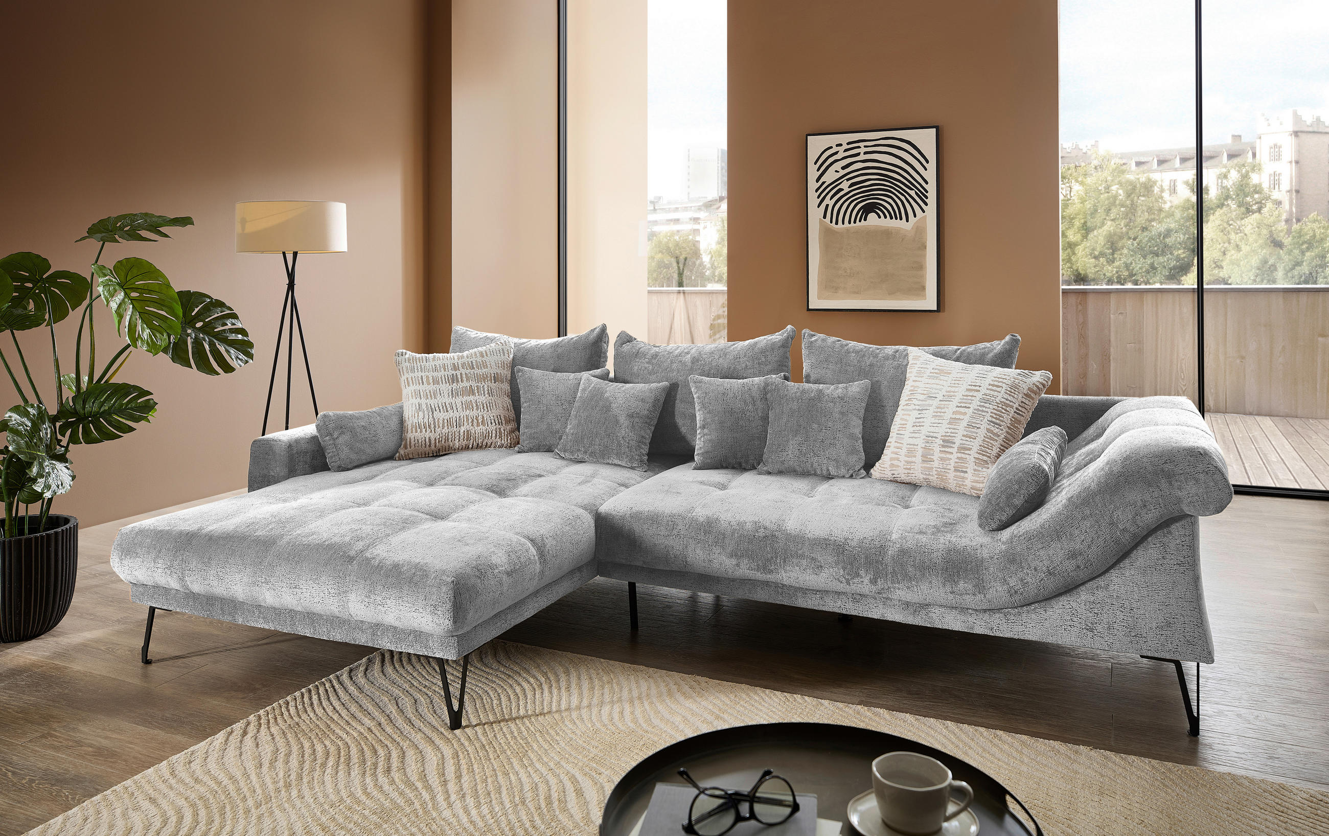 ECKSOFA GARDA in Chenille Silberfarben  192/310 cm  - Silberfarben/Schwarz, KONVENTIONELL, Textil/Metall (192/310cm) - Livetastic