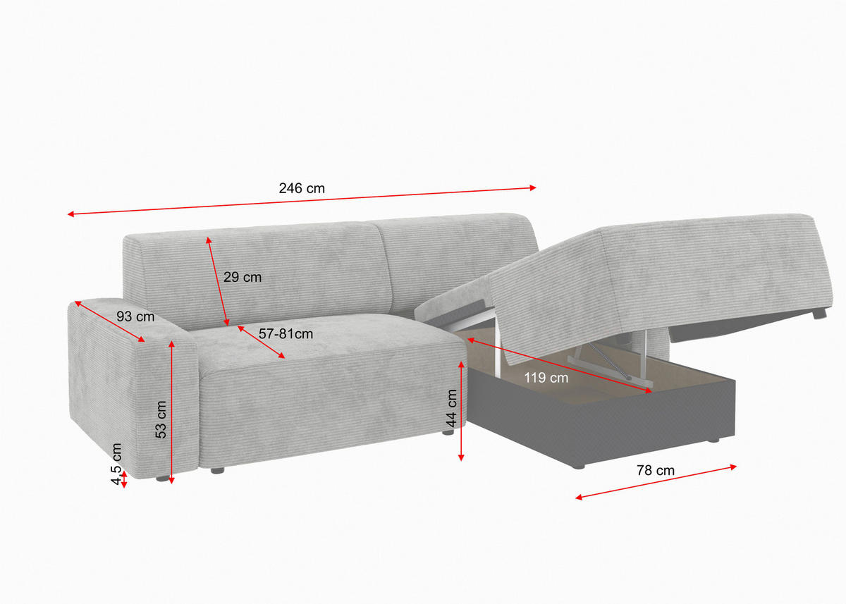 ECKSOFA in Struktur Grau  - Schwarz/Grau, Modern, Kunststoff/Textil (246/162cm) - Trendmanufaktur