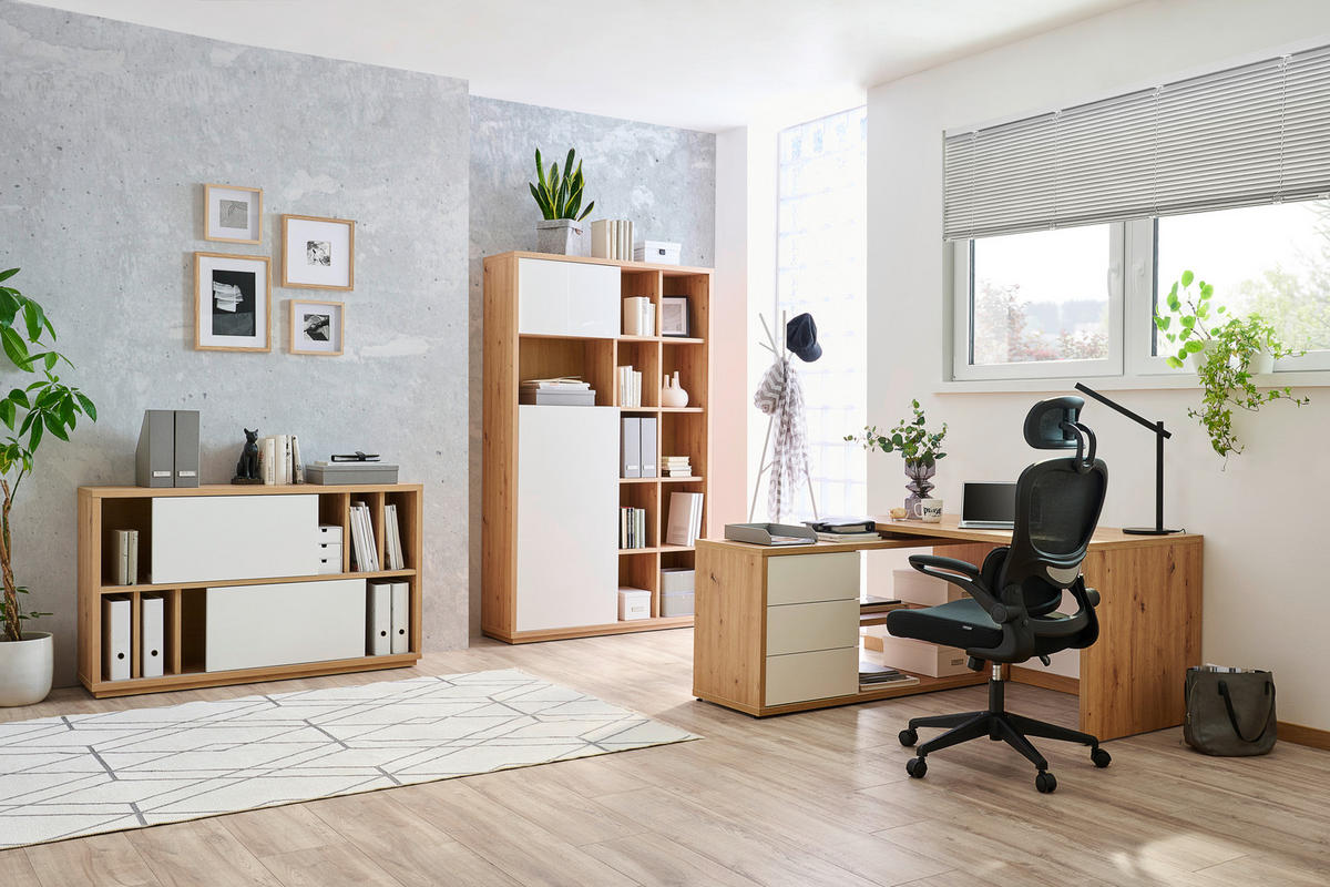 AKTENSCHRANK 139/84/35,5 cm  - Weiss Hochglanz/Eiche Artisan, Design, Holzwerkstoff (139/84/35,5cm) - Stylife