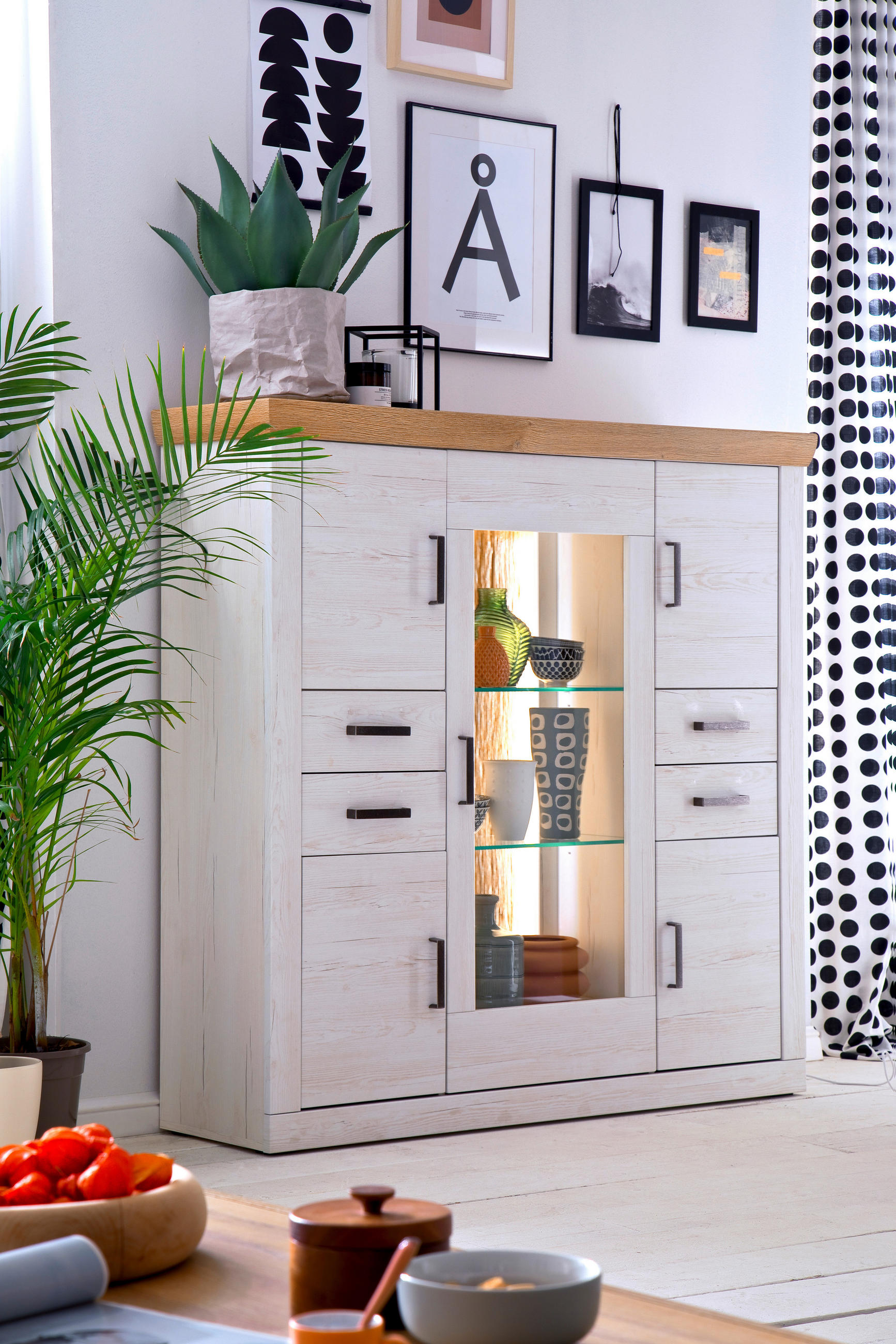 COMODĂ ÎNALTĂ 142/142/40 cm  - culoare coconar/culoare lemn stejar, Design, plastic/sticlă (142/142/40cm) - MID.YOU