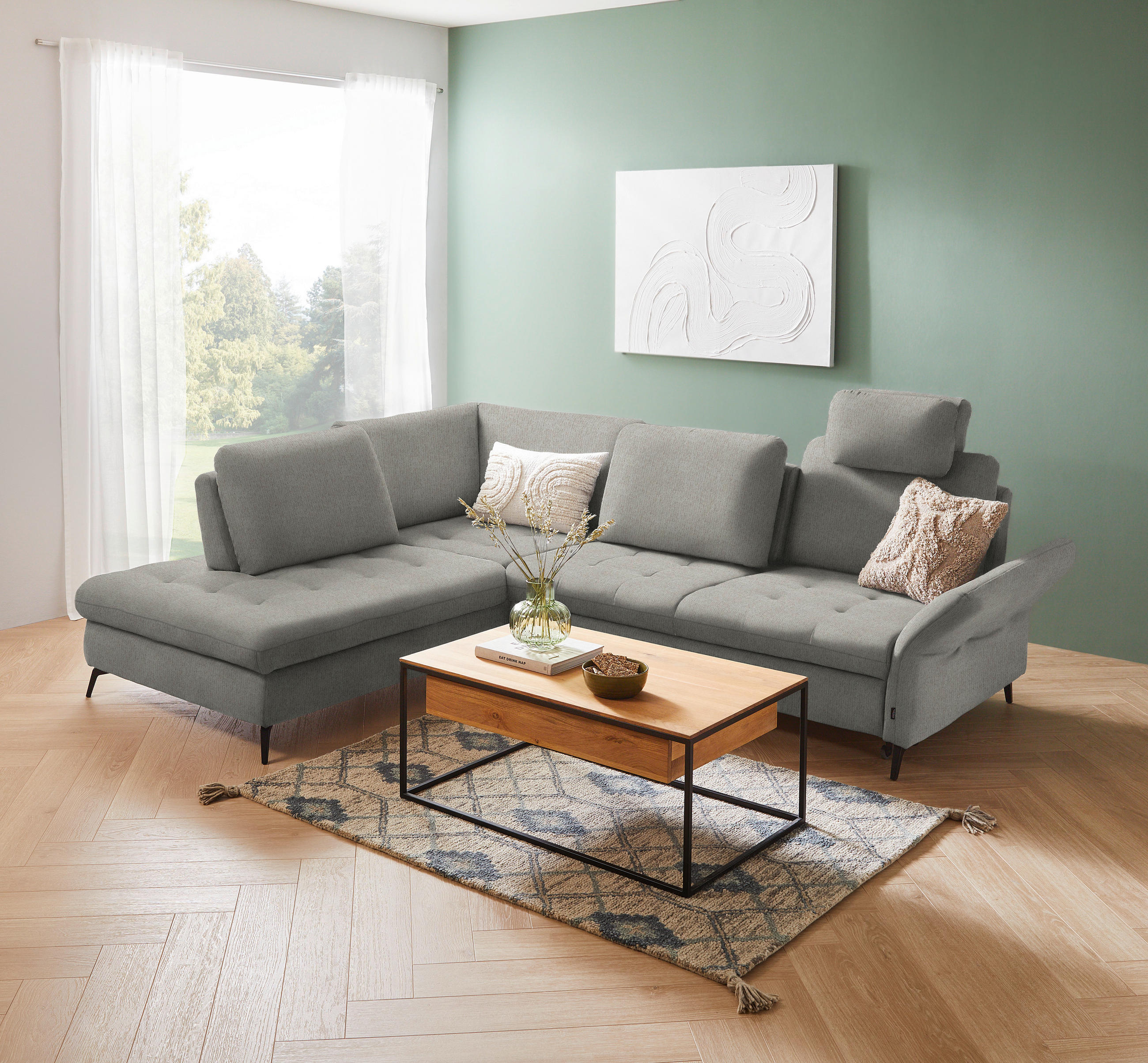 ECKSOFA in Chenille Silberfarben  - Silberfarben/Schwarz, Natur, Textil/Metall (233/288cm) - Valnatura