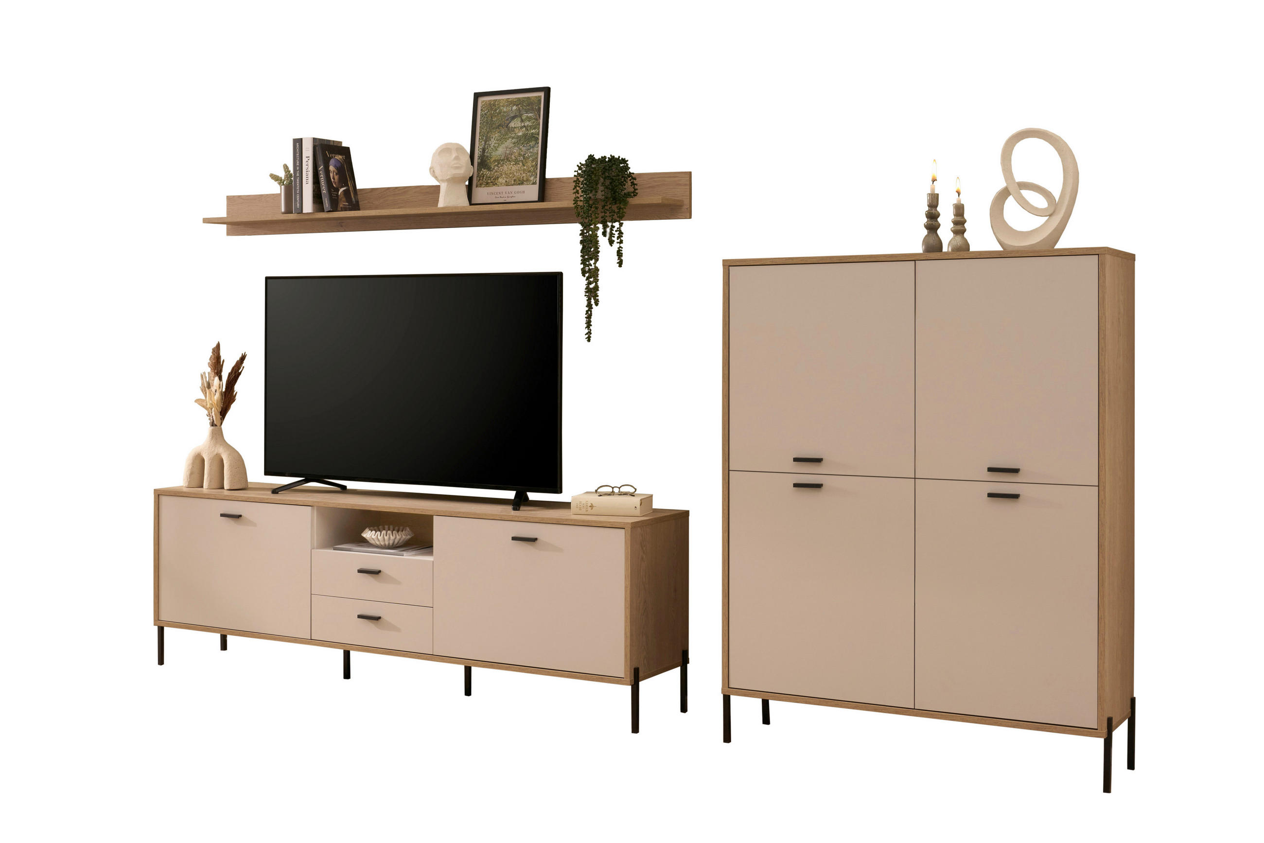 WOHNWAND 3-teilig  in Eichefarben, Kaschmir  320/170/40 cm    - Kaschmir/Eichefarben, Design, Holzwerkstoff/Metall (320/170/40cm) - MID.YOU