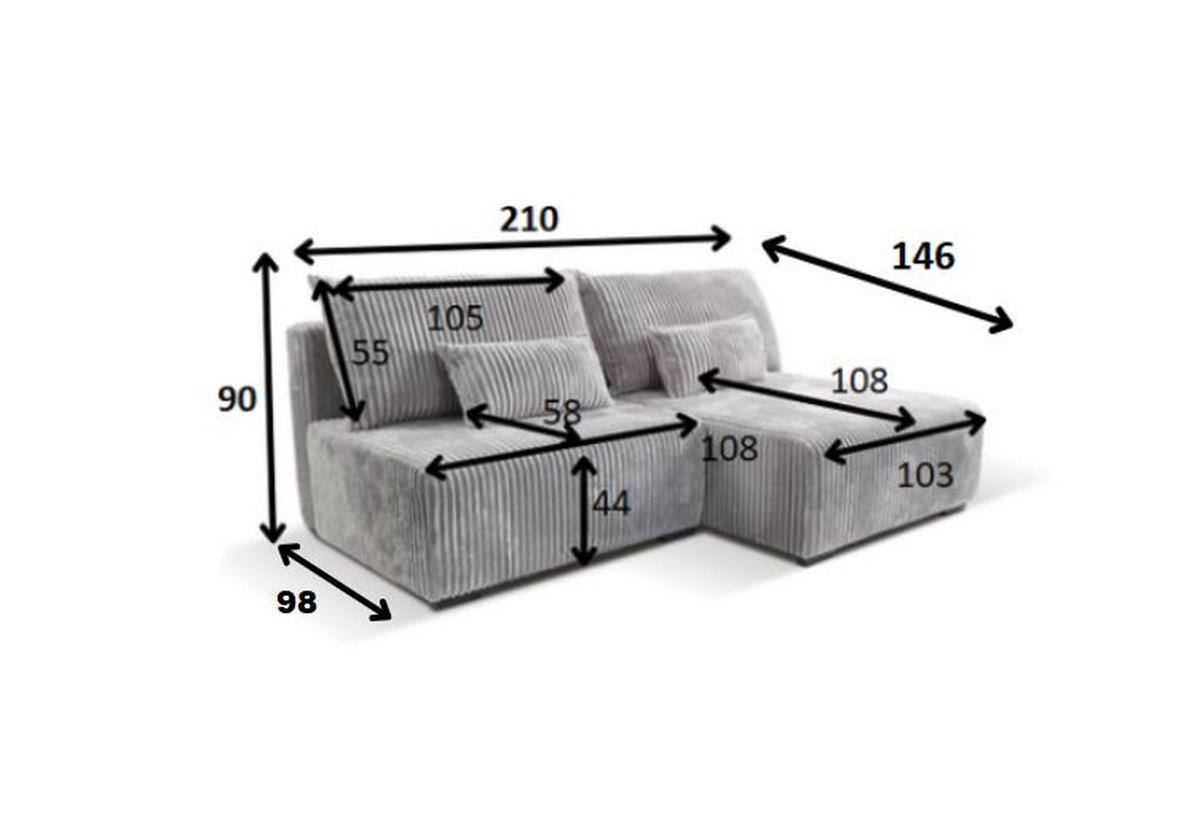 ECKSOFA Hellgrau Cord  - Hellgrau/Schwarz, MODERN, Holz/Textil (146/210cm) - Carryhome