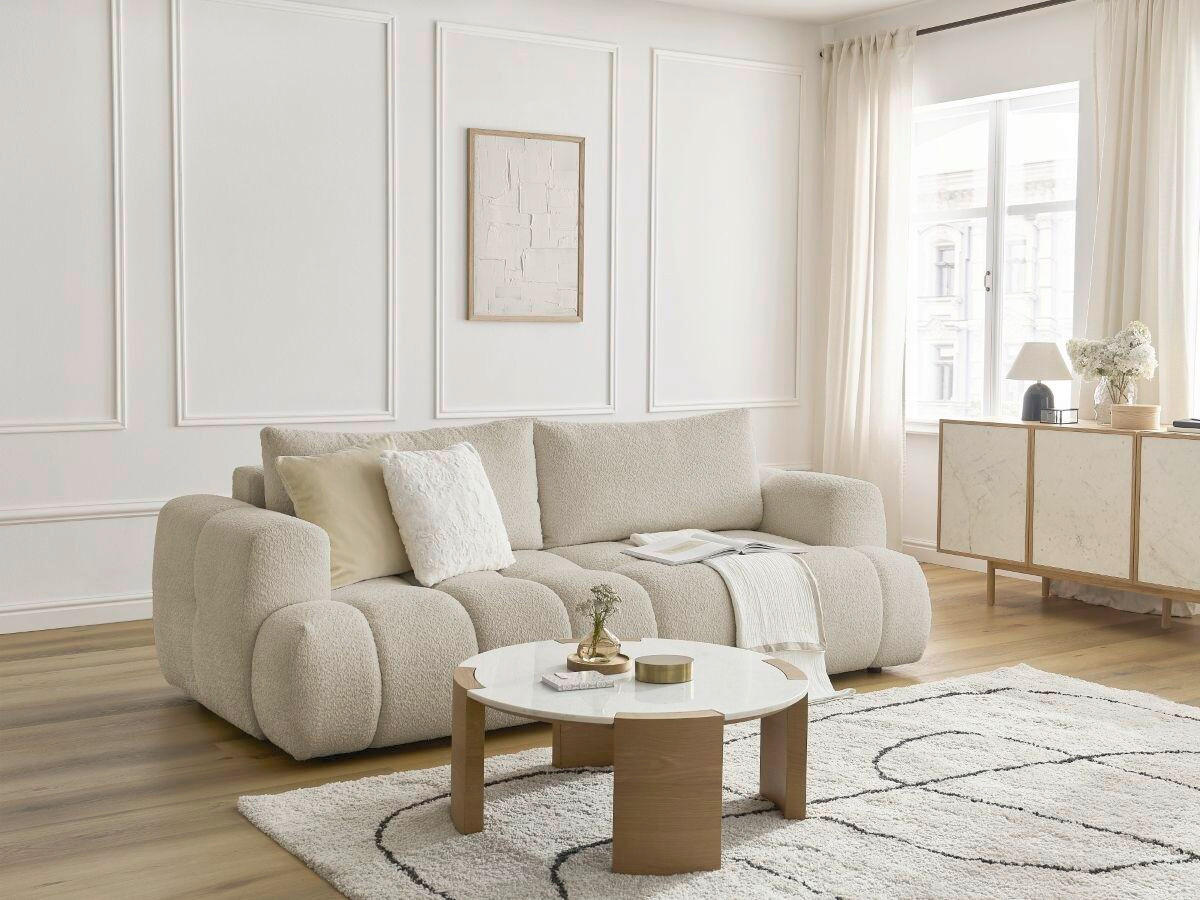 SCHLAFSOFA FUJI Bouclé Beige  inkl.  - Beige/Schwarz, MODERN, Kunststoff/Textil (251/113/88cm)