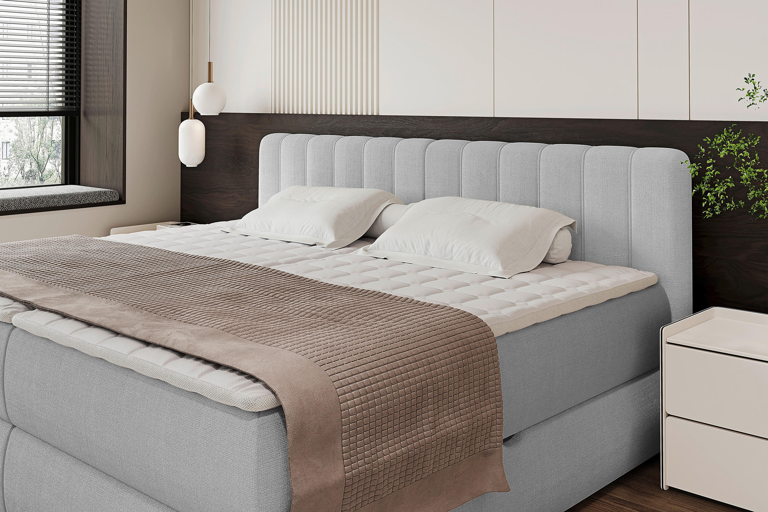 Thumbnail - Chameo Boxspringbett, Hellgrau, Textil, H2, 7-Zonen, Höhe ca. 30,5 cm, 200x200 cm, Bettkasten, gepolstertes Kopfteil, To...