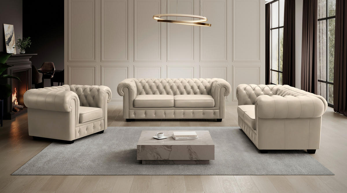 CHESTERFIELD-SOFA in Lederlook Creme  - Wengefarben/Creme, Lifestyle, Holz/Textil (206/76,5/96cm) - Landscape