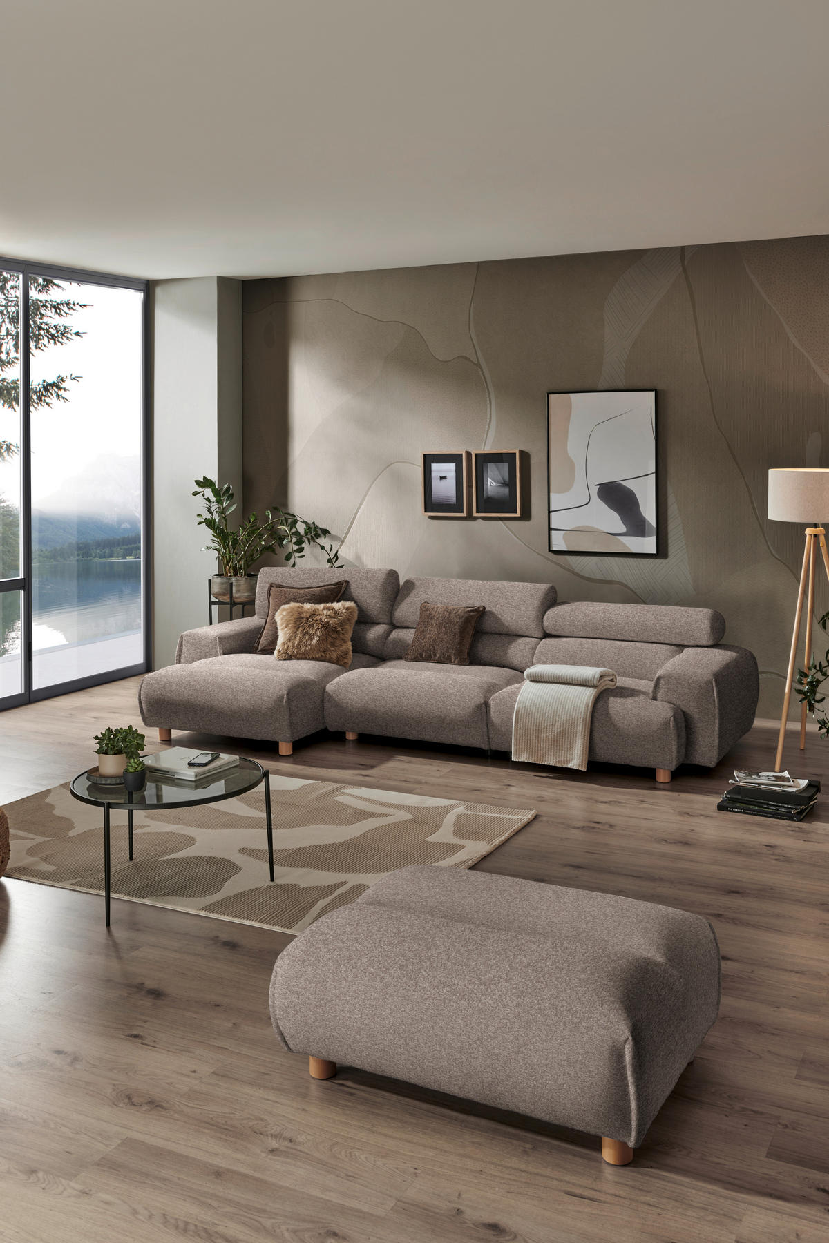 ECKSOFA  in Velours Hellbraun  150/329 cm  - Hellbraun, Natur, Holz/Textil (150/329cm) - Lomoco