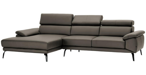 ECKSOFA in Echtleder Graubraun  - Graubraun/Schwarz, Design, Leder/Metall (187/295cm) - Novel