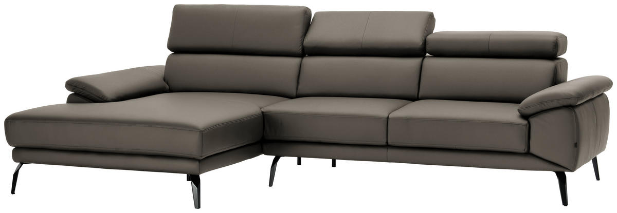 ECKSOFA in Echtleder Graubraun  - Graubraun/Schwarz, Design, Leder/Metall (187/295cm) - Novel