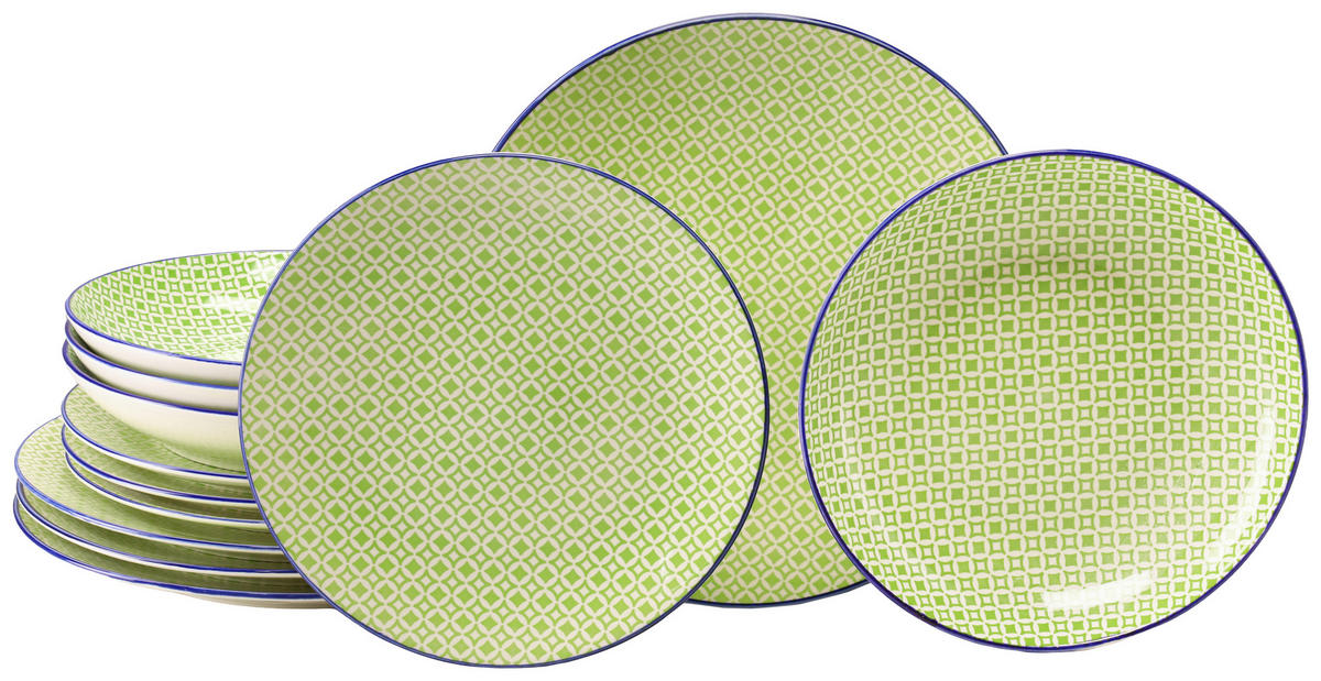 TAFELSERVICE Weiß, Hellgrün Mediterran Grün 12-teilig  - Weiß/Hellgrün, Basics, Keramik - Creatable