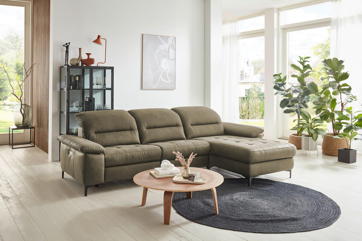 ECKSOFA in Mikrofaser Olivgrün  - Chromfarben/Olivgrün, Design, Textil/Metall (280/184cm) - Pure Home Comfort