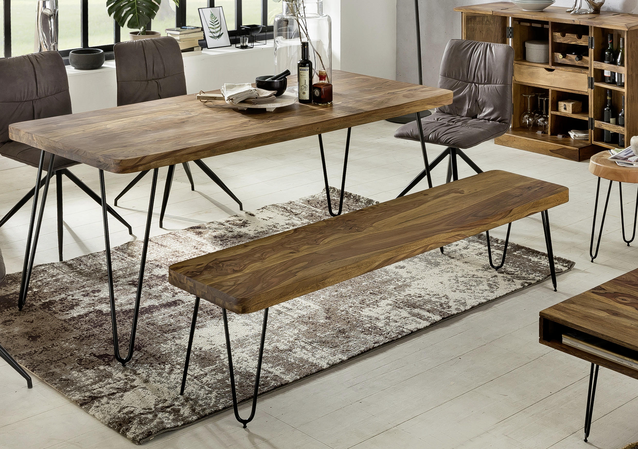 SITZBANK Sheeshamfarben Sheesham massiv Metall - Sheeshamfarben/Schwarz, MODERN, Holz/Metall (160/46/40cm) - MID.YOU