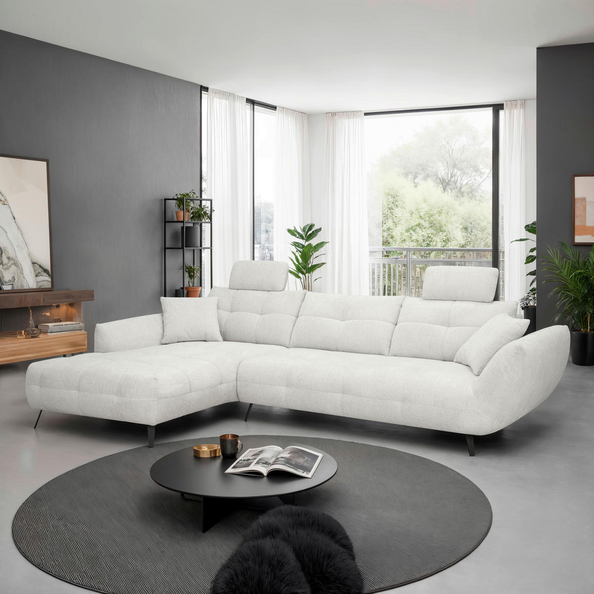 ECKSOFA Elfenbein Chenille Armlehnenkissen, Rücken echt, Sitztiefenverstellung  - Elfenbein/Schwarz, KONVENTIONELL, Textil/Metall (215/313cm) - Hom`in