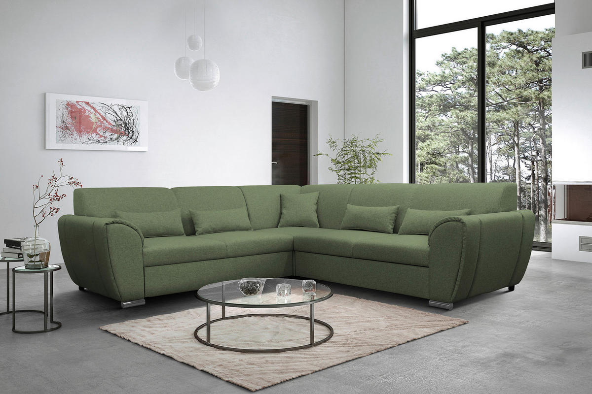 Livetastic ECKSOFA Grün Flachgewebe, links davon: Hochflorteppich, Bild, Beistelltisch, rechts davon: Couchtisch in hellem Wohnzimmer.