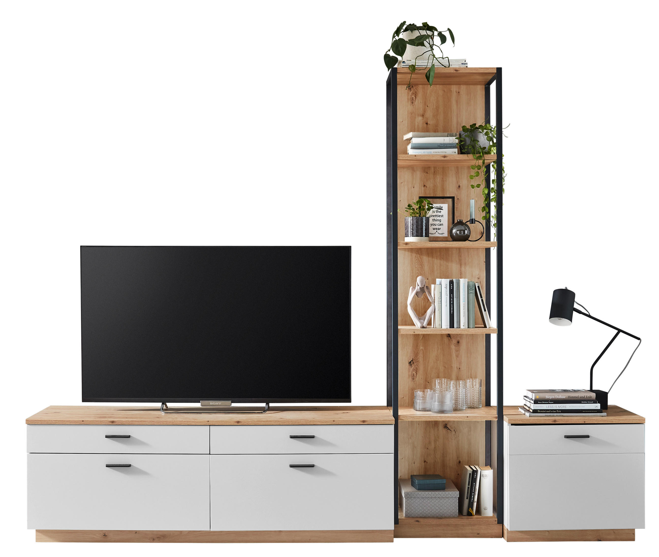 WOHNWAND  in Schwarz, Weiß, Eiche Artisan  269/210/50 cm  - Schwarz/Weiß, Design, Holzwerkstoff/Metall (269/210/50cm) - Stylife