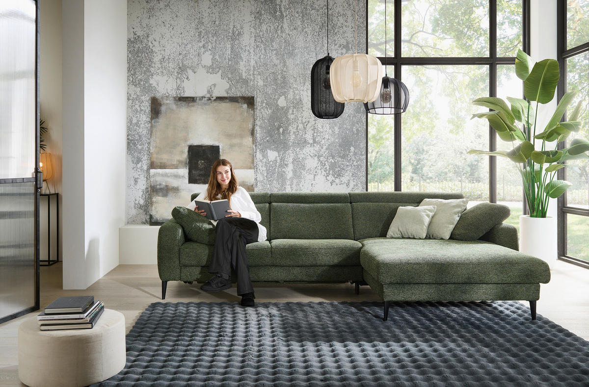 ECKSOFA Grün Chenille  - Schwarz/Grün, KONVENTIONELL, Textil/Metall (300/177cm) - Valdera