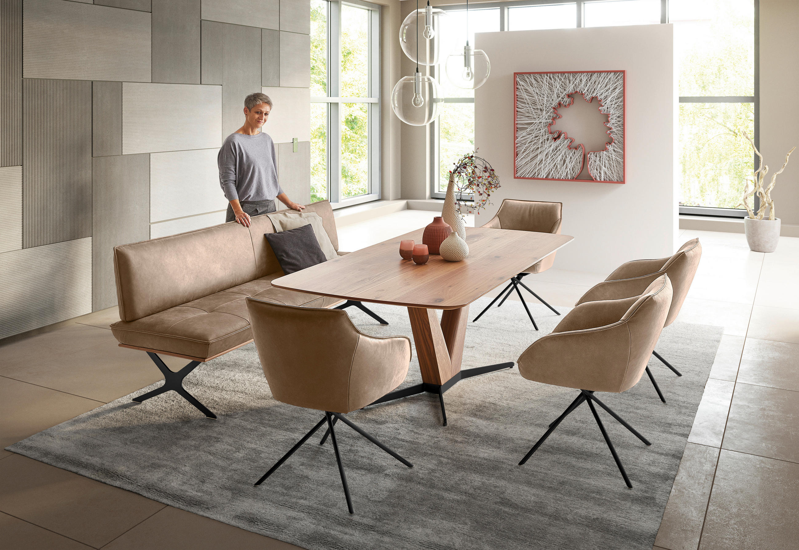 SITZBANK 214/88/66 cm Echtleder Schwarz, Beige Nussbaum furniert Metall  - Beige/Schwarz, Design, Leder/Holz (214/88/66cm) - Koinor