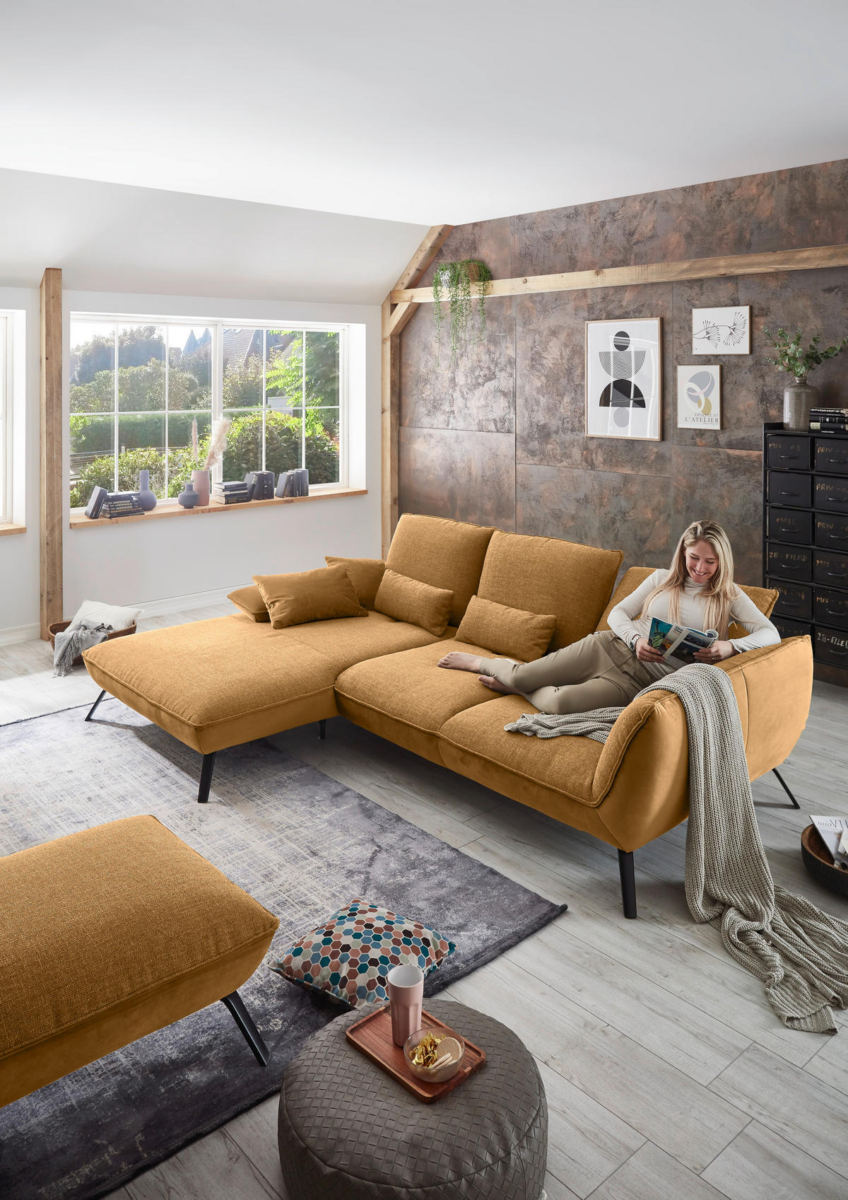 ECKSOFA in Flachgewebe Orange  - Schwarz/Orange, Design, Textil/Metall (191/301cm) - Moderano