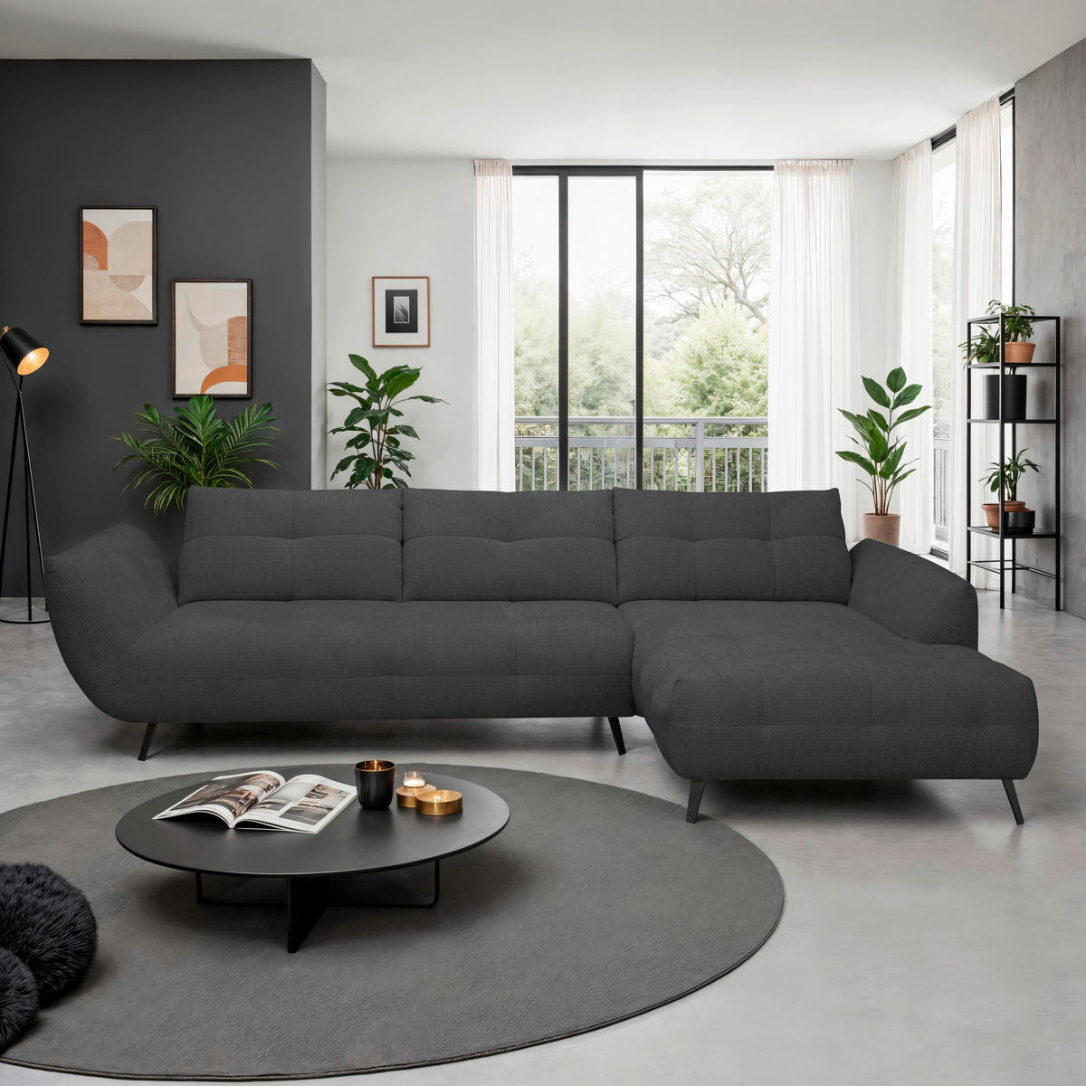 ECKSOFA Anthrazit Chenille Armlehnenkissen, Rücken echt, Sitztiefenverstellung  - Anthrazit/Schwarz, KONVENTIONELL, Textil/Metall (313/215cm) - Hom`in