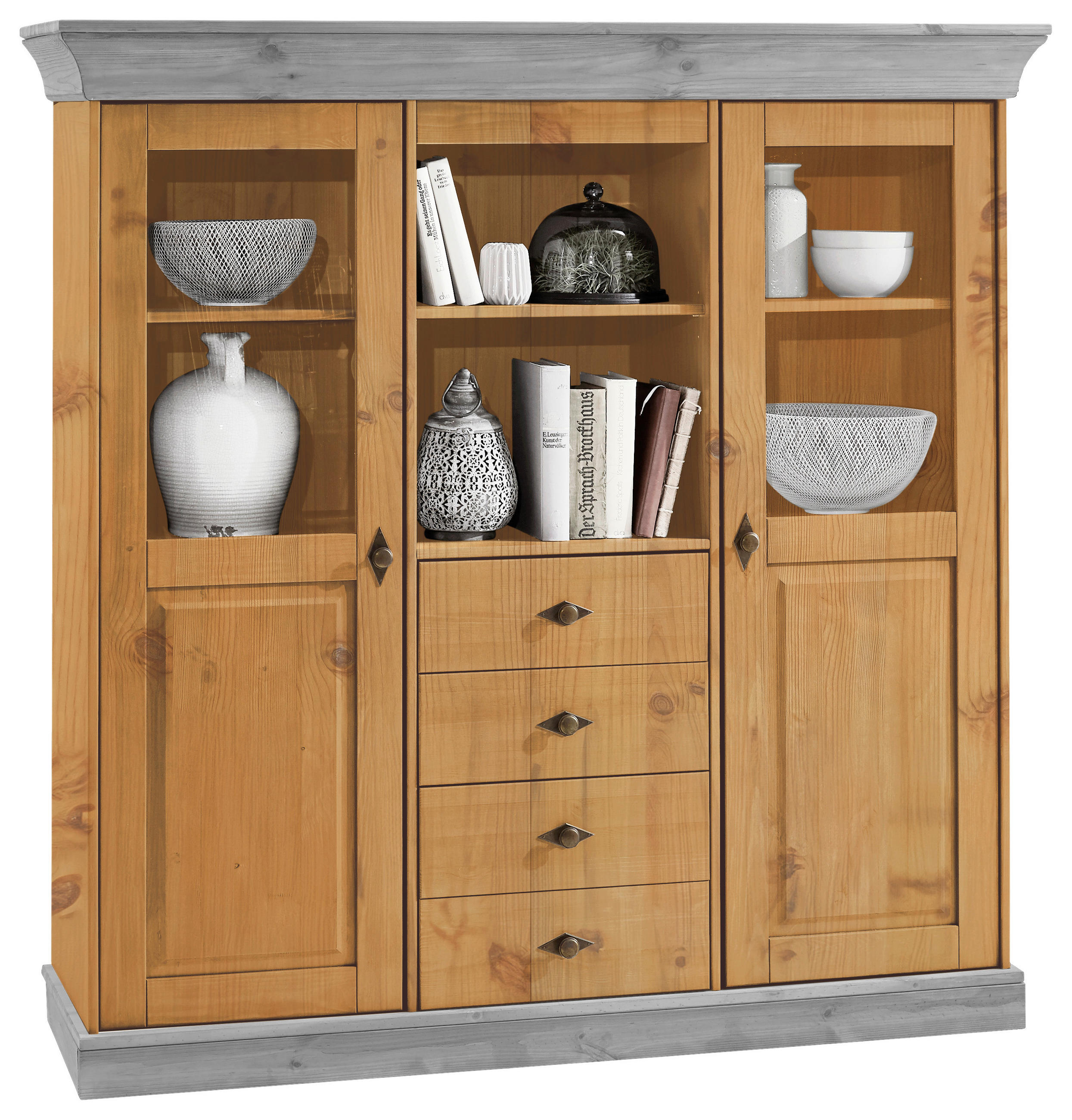 HIGHBOARD  143/145/45 cm 4 Schublade(n)  - Laugenfarbig/Grau, ROMANTIK / LANDHAUS, Glas/Holz (143/145/45cm) - Boxxx