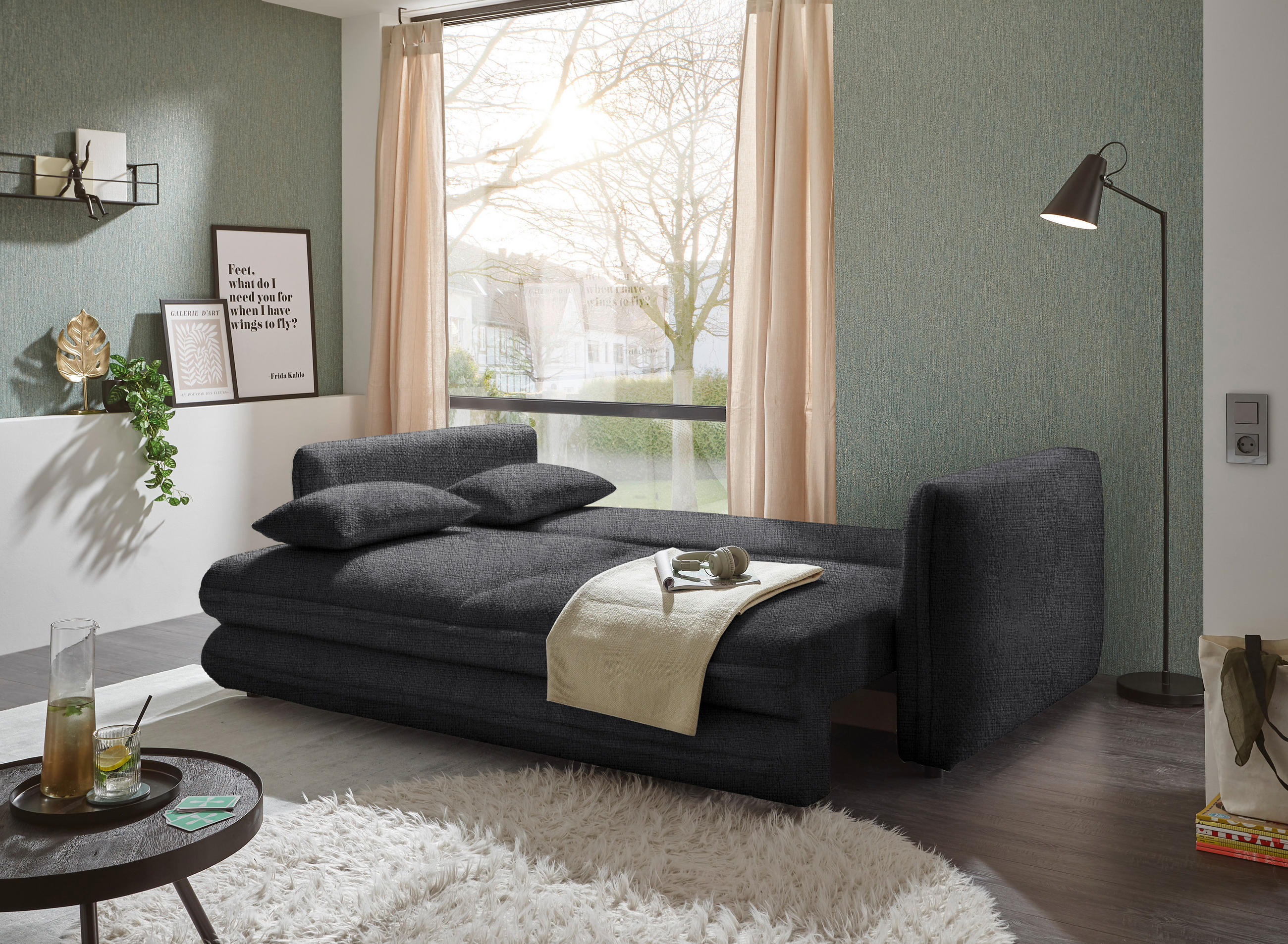 SCHLAFSOFA Mikrovelours Schwarz  - Schwarz, KONVENTIONELL, Kunststoff/Textil (237/94/117cm) - MID.YOU