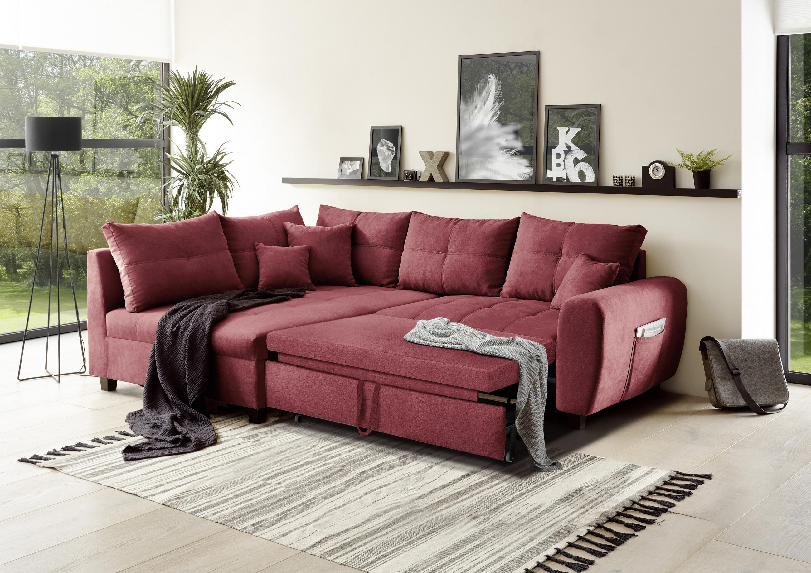 ECKSOFA in Mikrovelours Beere  - Beere/Schwarz, Basics, Holzwerkstoff/Kunststoff (176/248cm) - MID.YOU