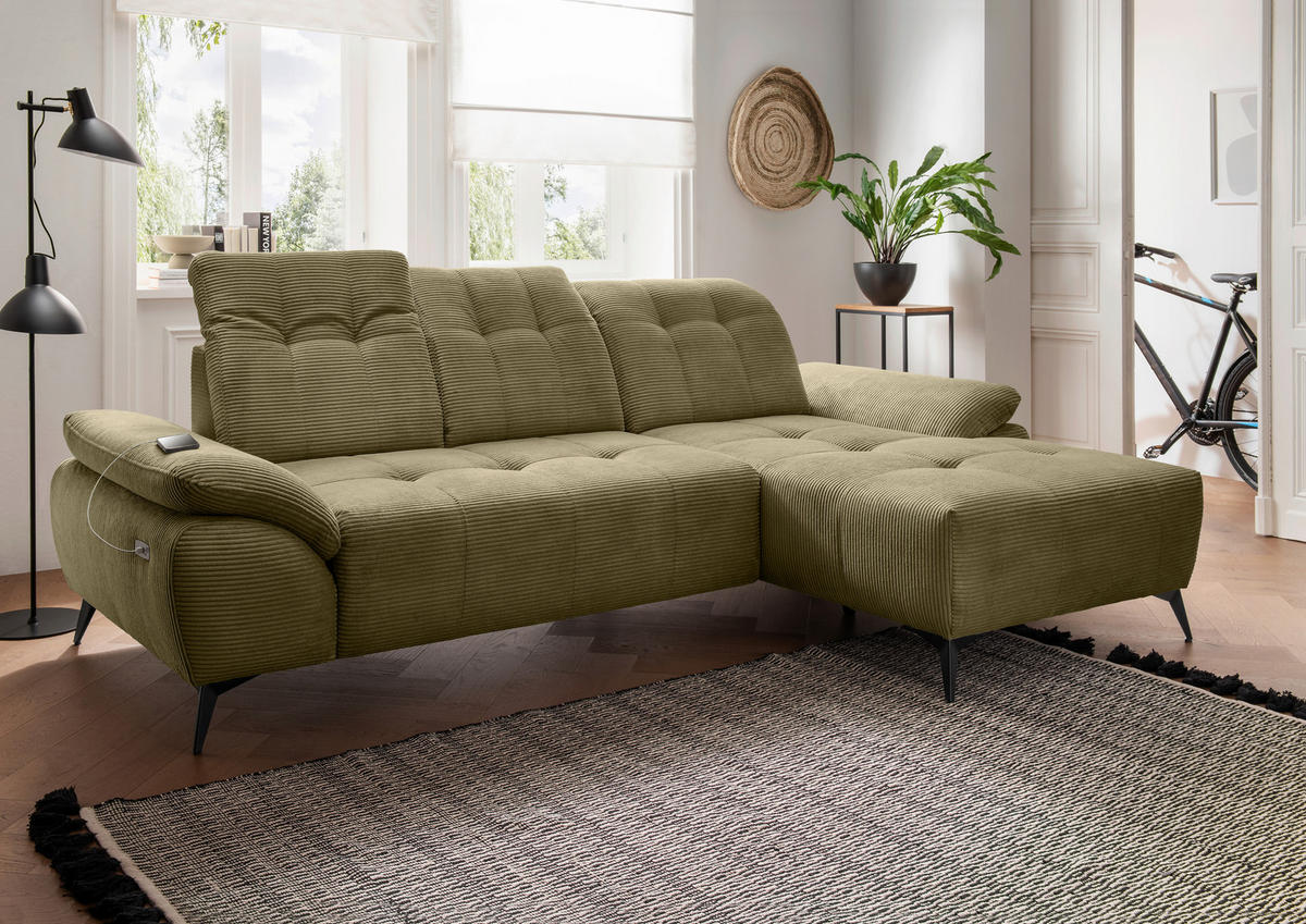 ECKSOFA Cord Olivgrün  - Schwarz/Olivgrün, Modern, Textil/Metall (280/180cm) - Livetastic