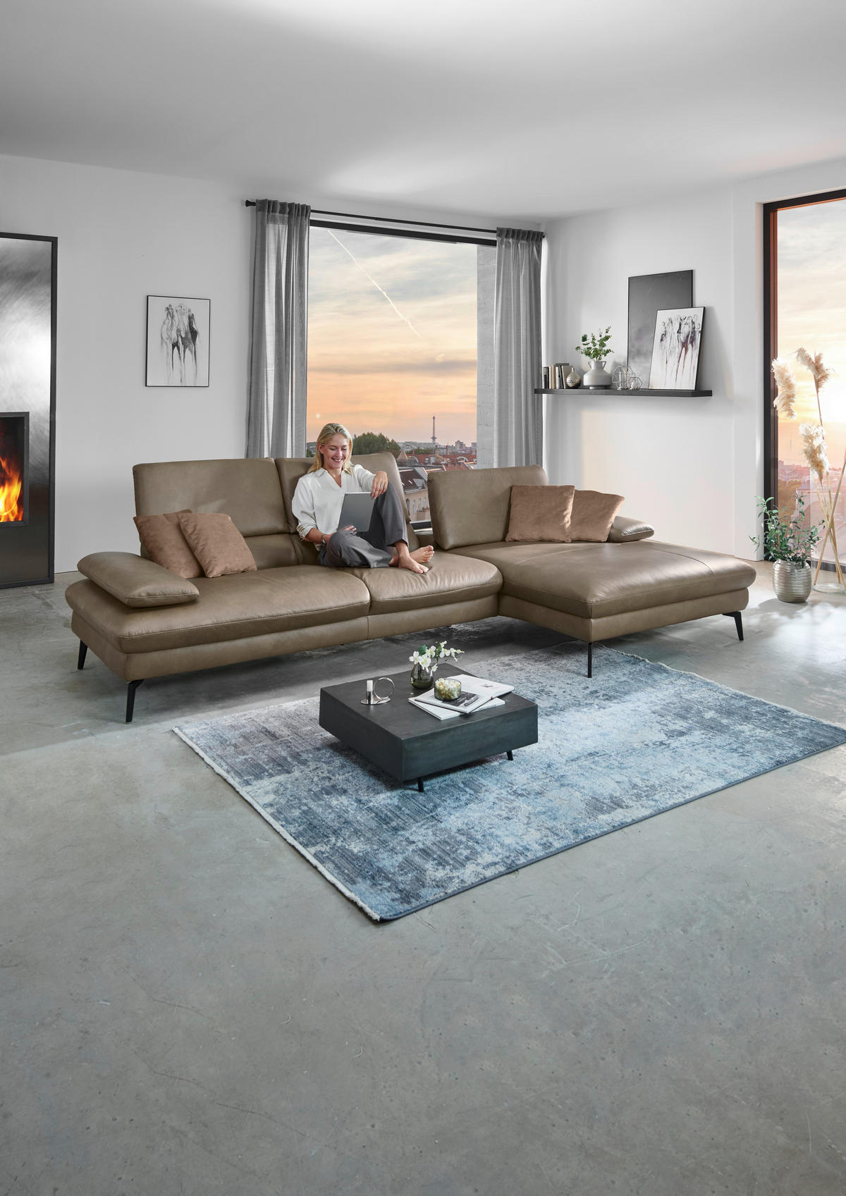 ECKSOFA in Echtleder Graubraun  - Graubraun/Schwarz, Design, Leder/Metall (157/325cm) - Dieter Knoll