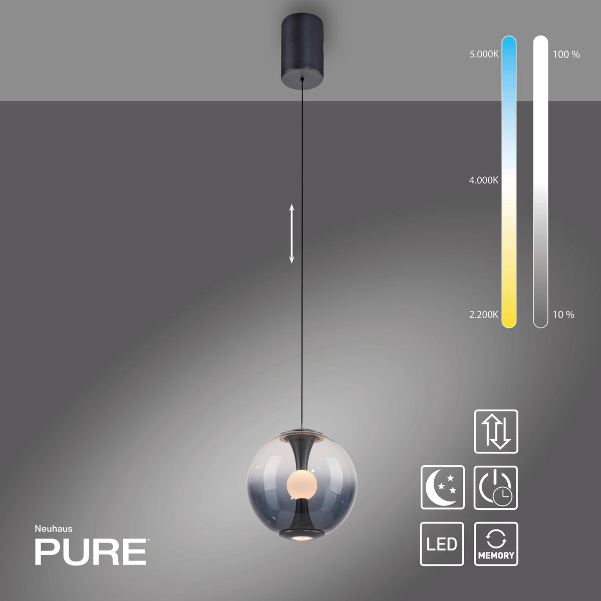 LED-PENDELLEUCHTE PURE Glow 20/80-200 cm   - Grau, MODERN, Glas/Kunststoff (20/80-200cm) - Neuhaus PURE