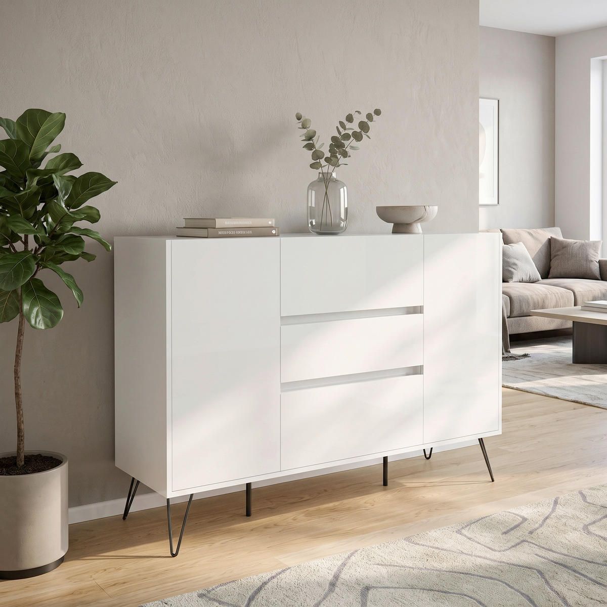 SIDEBOARD Posseik Industrial 140/93,6/42 cm 3 Schublade(n)  - Weiß Hochglanz/Schwarz, Design, Holzwerkstoff/Metall (140/93,6/42cm) - MID.YOU